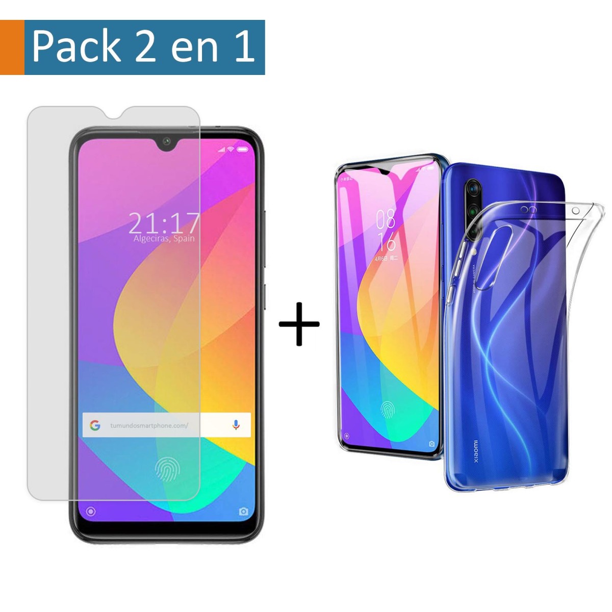 Tumundosmartphone Pack 2 En 1 Funda Gel Transparente + Protector Cristal Templado para Xiaomi Mi A3