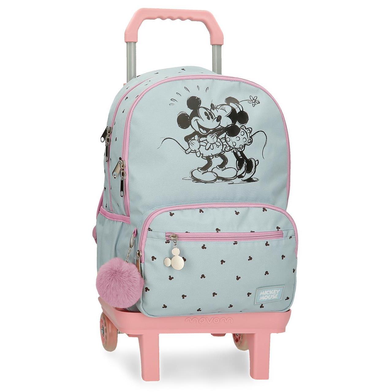 Mochila escolar con carro Disney Mickey y minnie kisses azul claro