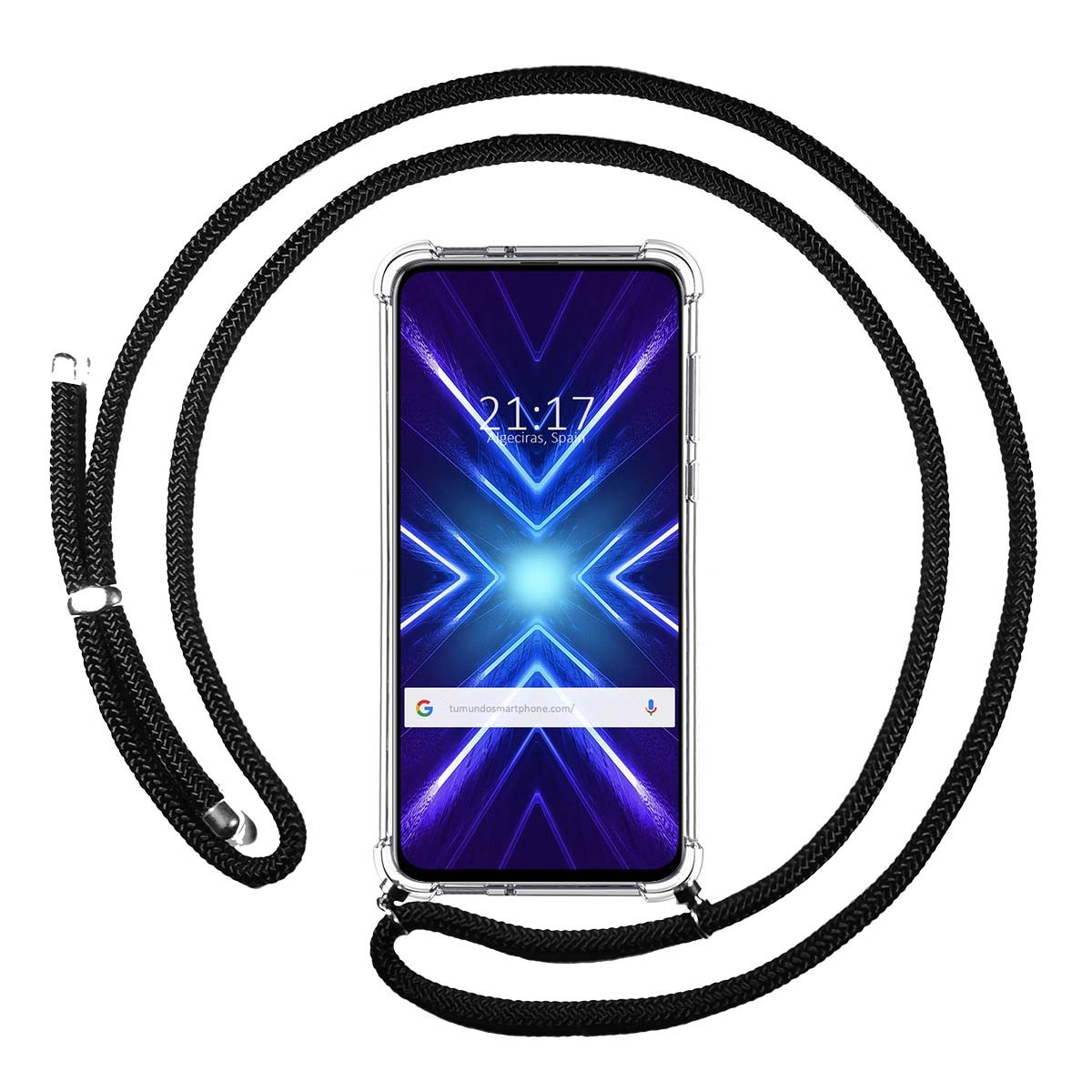 Tumundosmartphone Funda Colgante Transparente para Huawei Honor 9X con Cordon Negro
