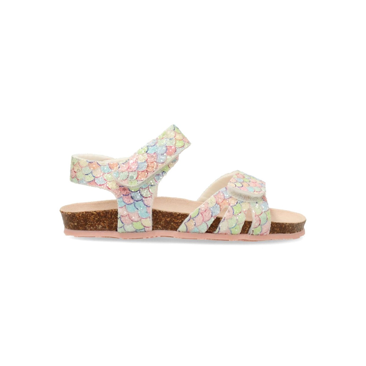 Conguitos - Sandalias bio para niña Conguitos con tiras multicolor efecto escamas, piel sintética transpirable y suela de goma flexible