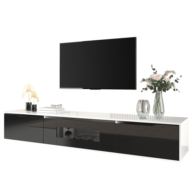 Meuble TV moderne noir et blanc 180 cm avec finition brillante et éclairage LED multicolore