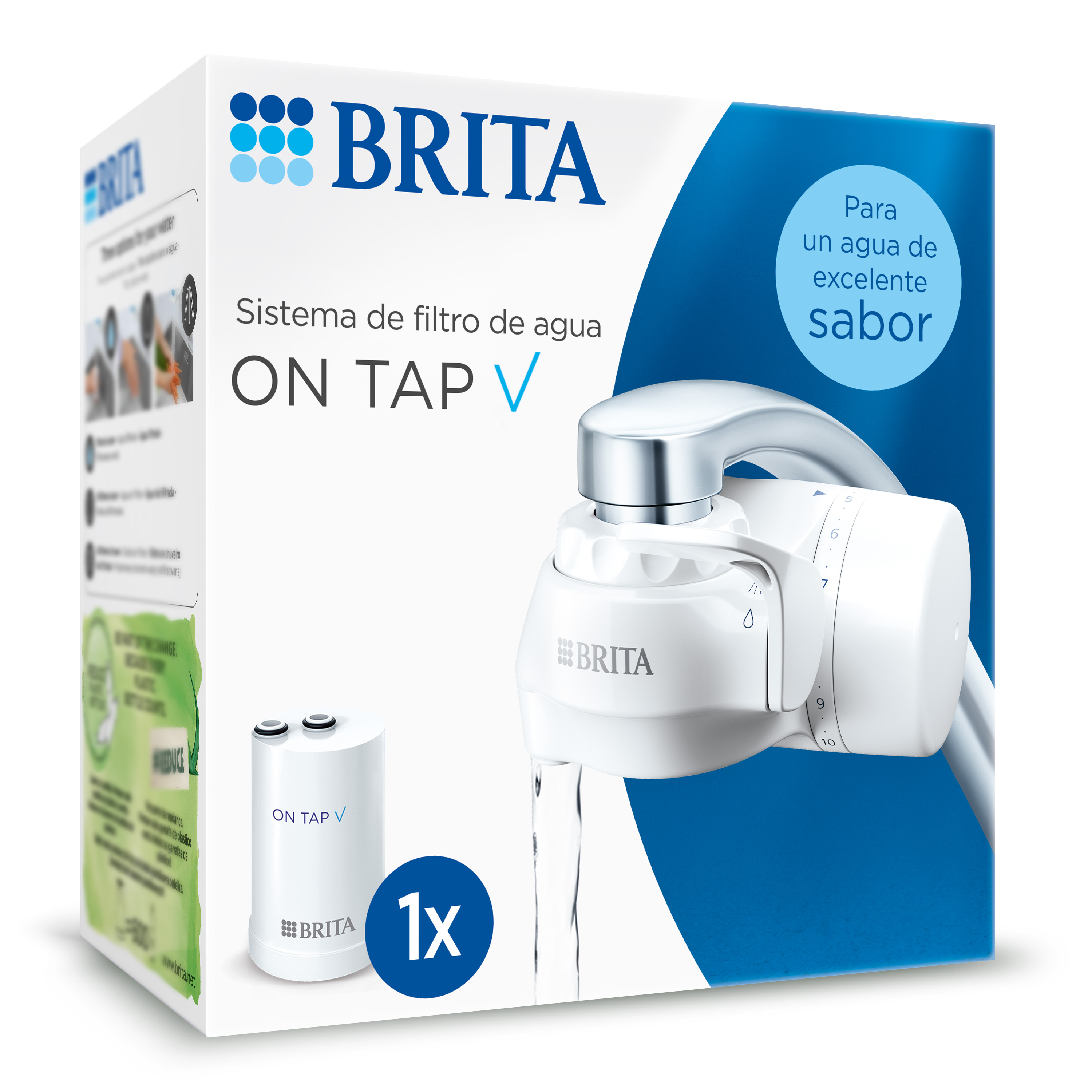 BRITA Sistema de Filtración On Tap V | Grifo con Filtro de Agua Incluye 1 Cartucho | Filtra hasta 600L | Elimina cloro, microplásticos y contaminantes | Conserva minerales | Instalación sin herramientas | Sin BPA | Diseño compacto
