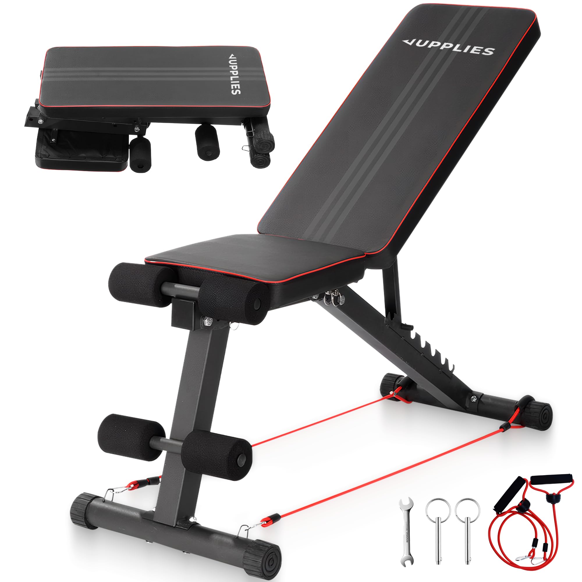 RELAXTY Banco de Musculación Plegable con 7 Niveles y 2 Bandas de Resistencia – Soporta 250 kg con Respaldo ajustable