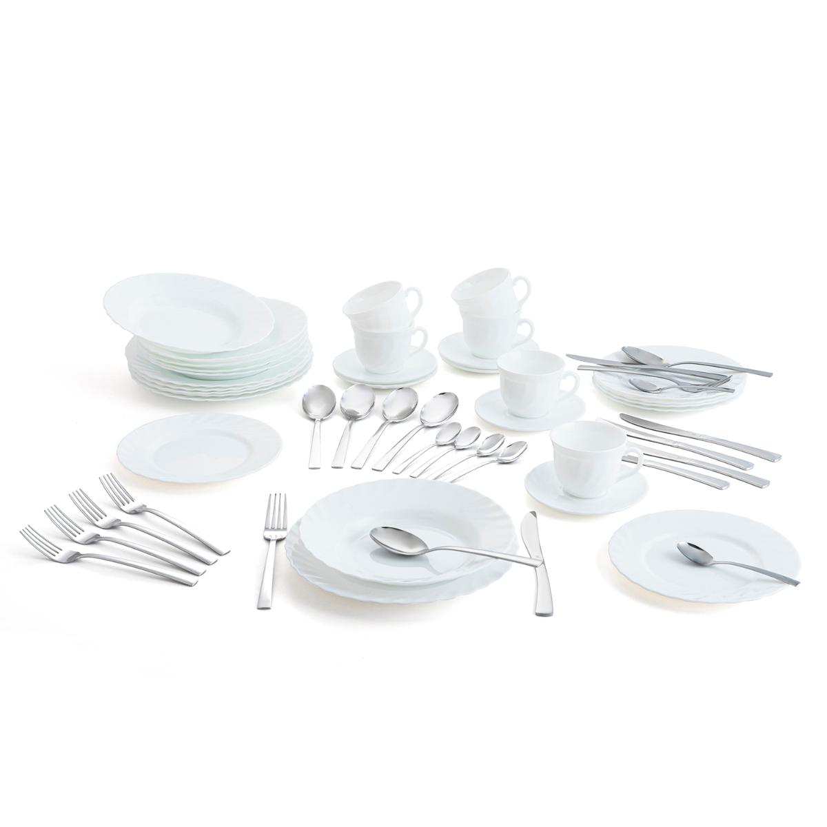 LUMINARC TRIANON Caja 18 Platos, 6 Tazas Y 24 Cubiertos 24,5x22,5x19,5CM/22CL/26CM-2,5MM Blanco Brillo Fácil de limpiar Reciclable
