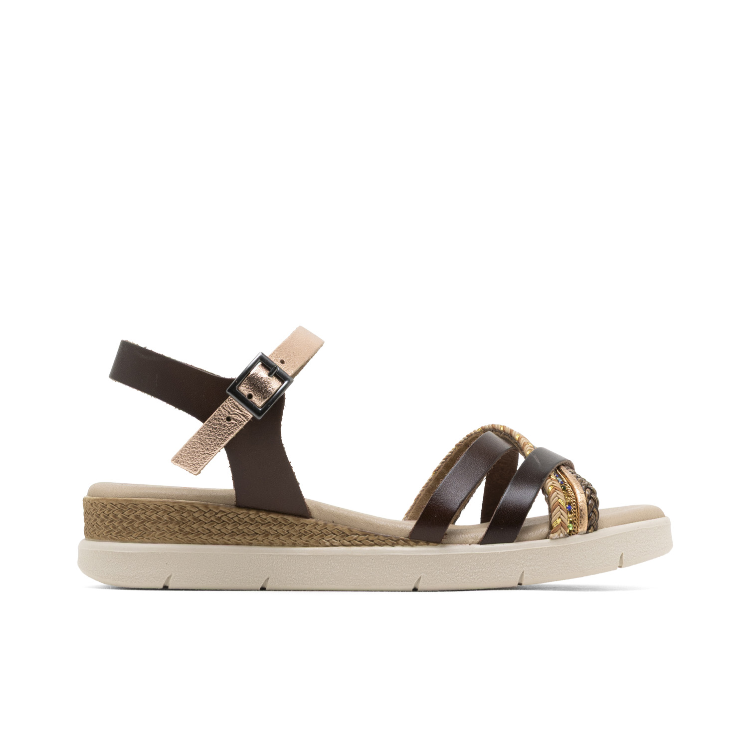 Sandalia Cuña de Piel Fabiana Moka con Tacón de 4 cm, Plataforma de 1,5 cm, Hebilla Ajustable y Estabilidad Óptima - Diseño Artesanal Español con Lanières Metálicas y Plantilla Acolchada para Máximo C