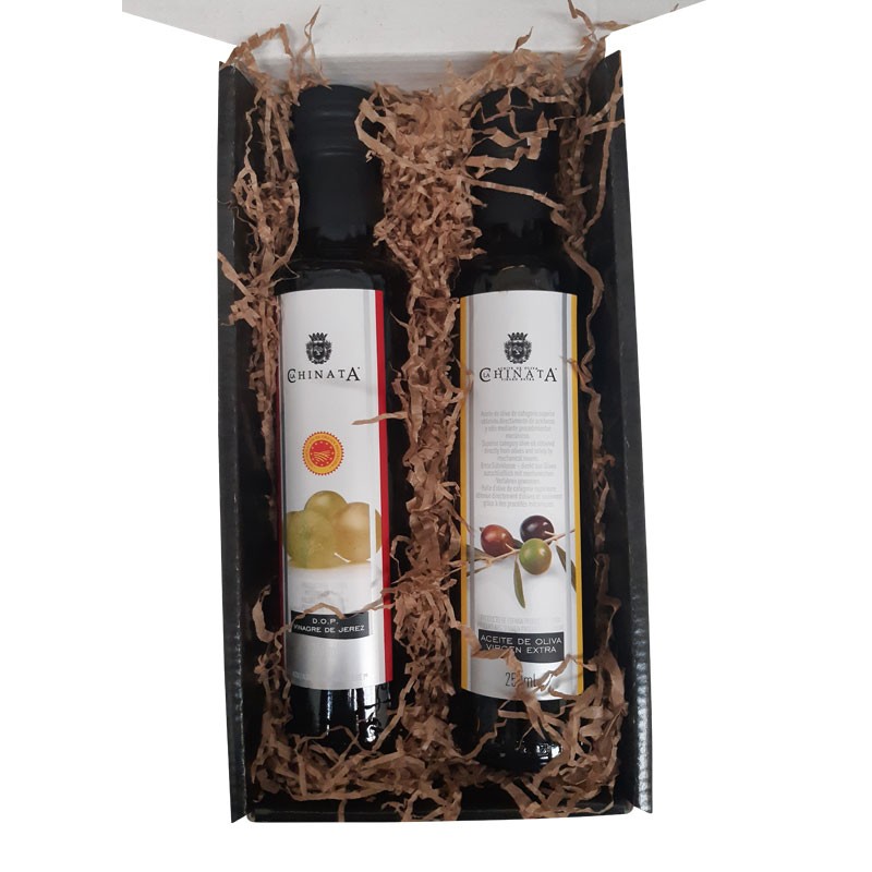 La Chinata. Cajita Regalo con Aceite de Oliva Virgen Extra y Vinagre de Jerez 250 ml (cristal) en caja de cartón negra con frase