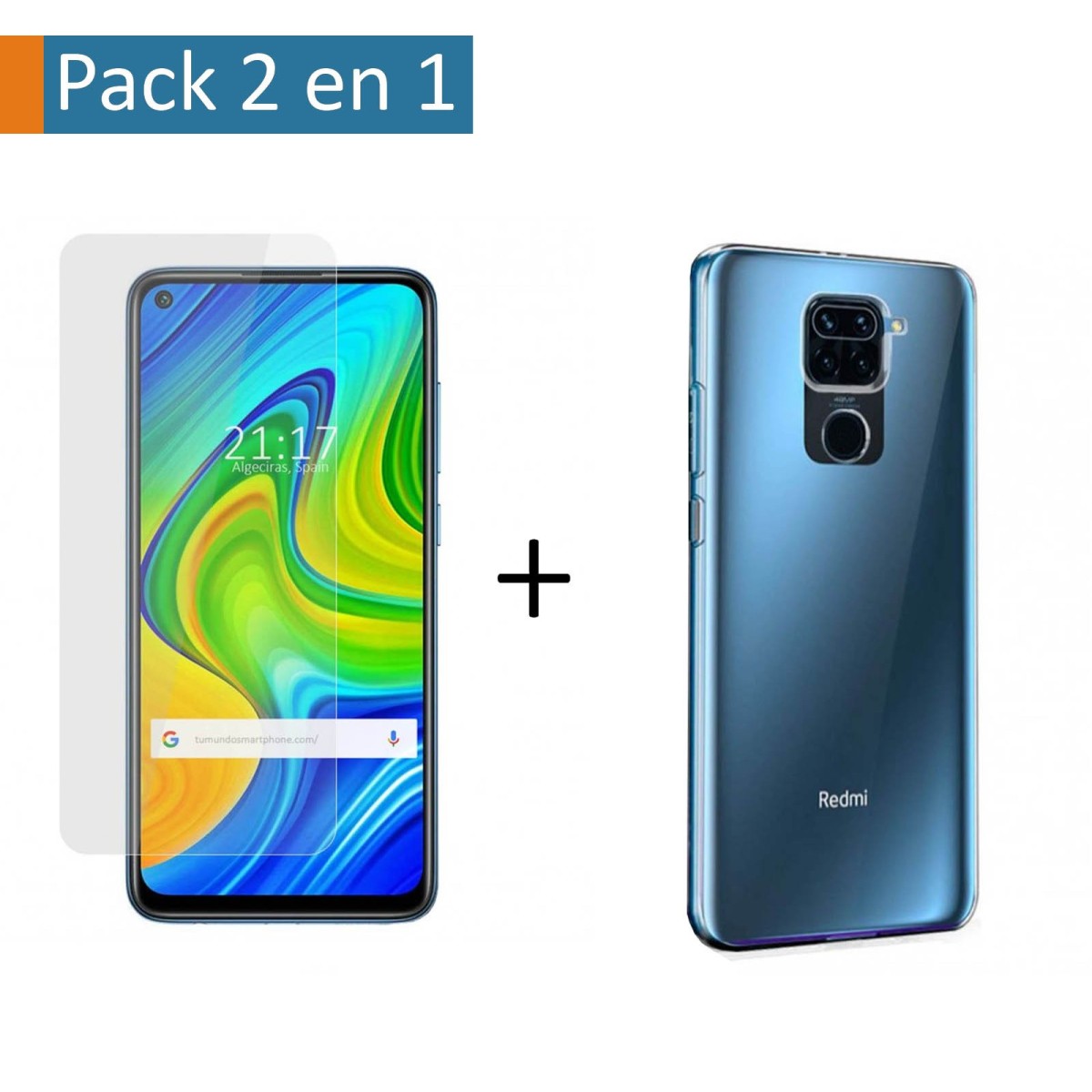 Tumundosmartphone Pack 2 En 1 Funda Gel Transparente + Protector Cristal Templado para Xiaomi Redmi Note 9