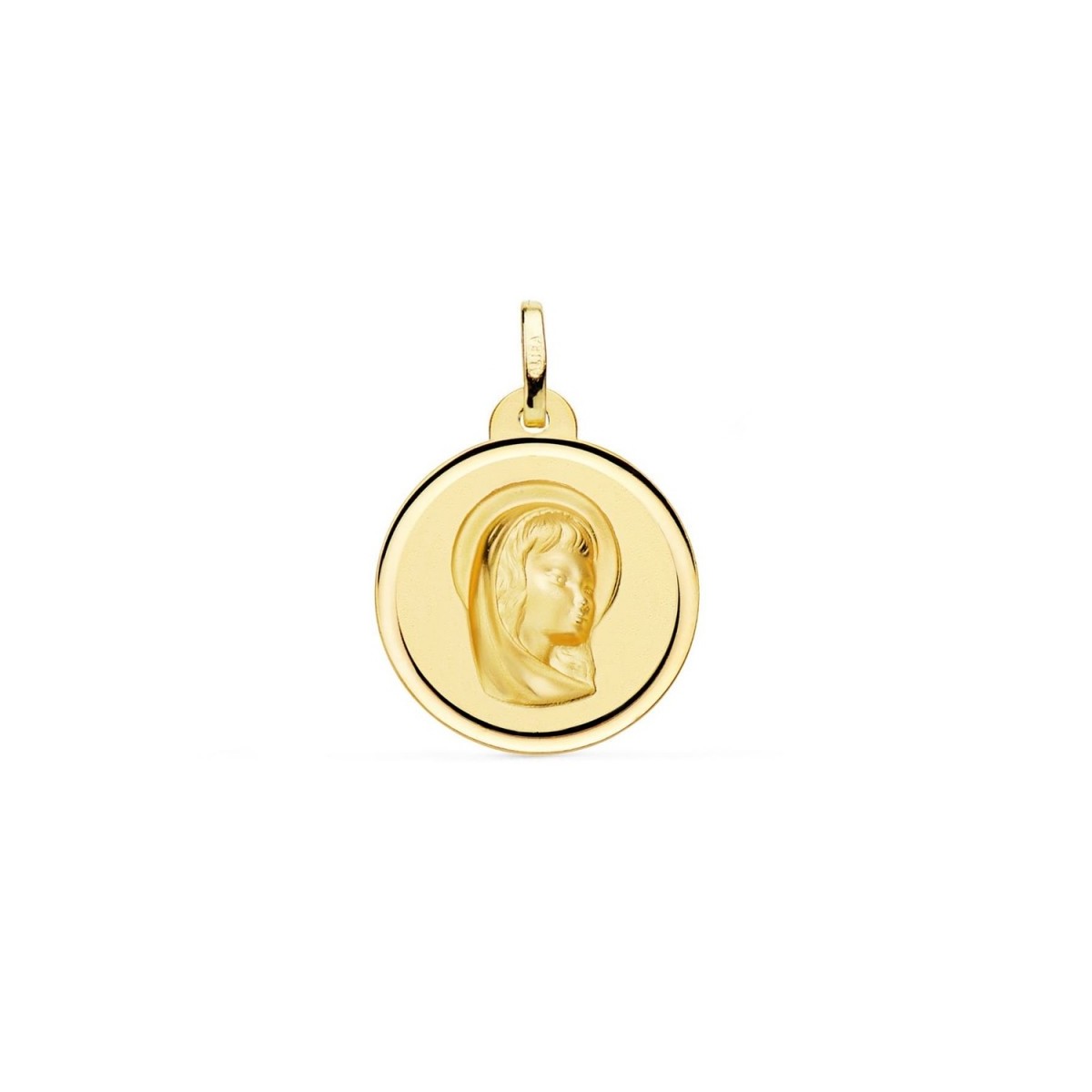 Virgen Niña medalla oro 18k Primera Comunión 20 mm. lisa bisel