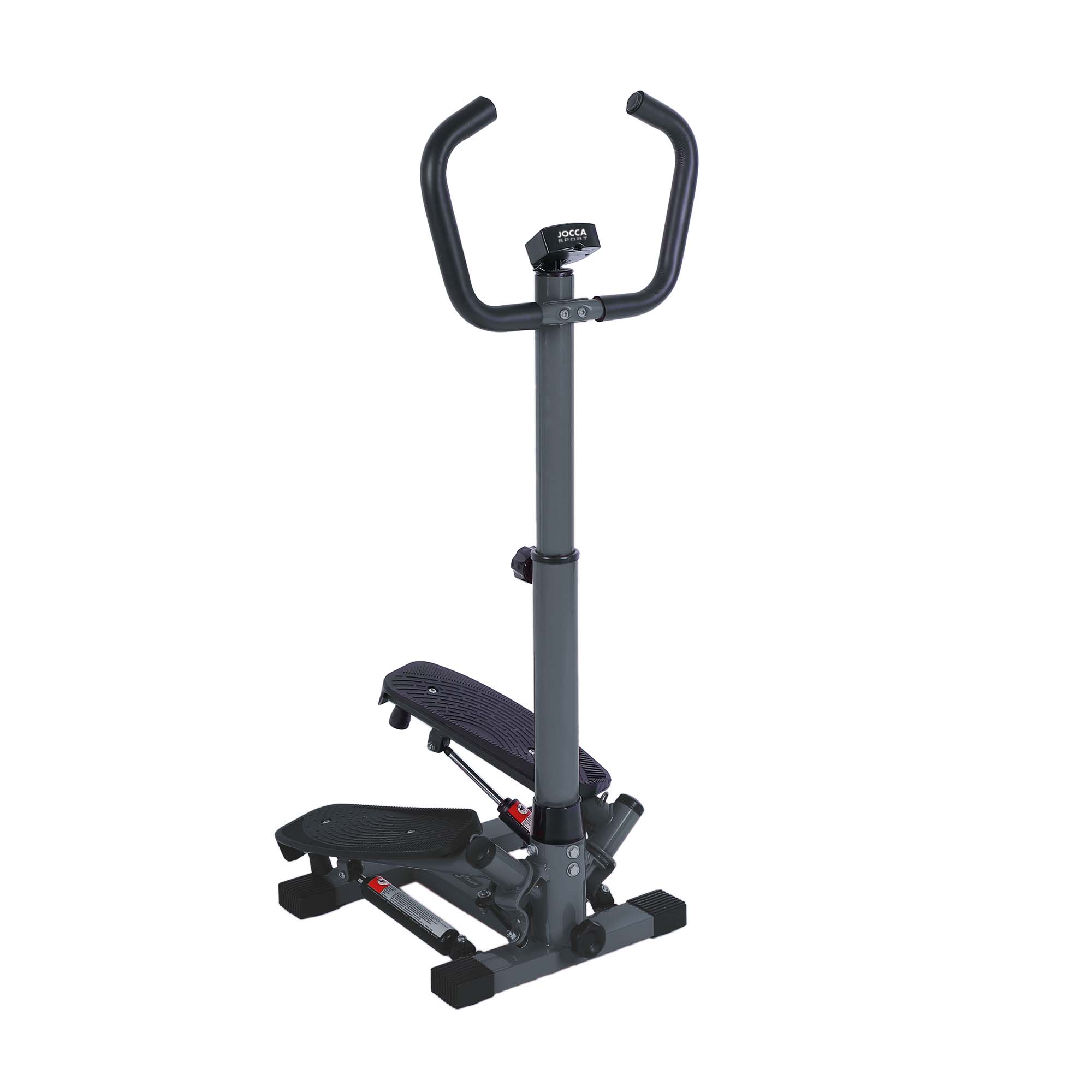 Stepper lateral Jocca con pantalla electrónica para controlar tiempo, pasos y calorías, altura ajustable, asas acolchadas, y sistema antideslizante para trabajar glúteos, abdomen y piernas desde casa.