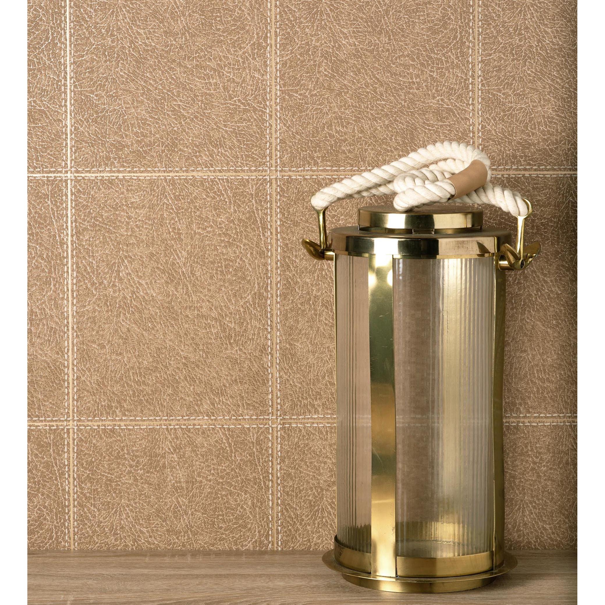 Papel pintado vinílico lavable piel cuadros de cuero cosidos en relieve - Makeda 681955 de GAULAN - Rollo de 10 m x 0,52 m