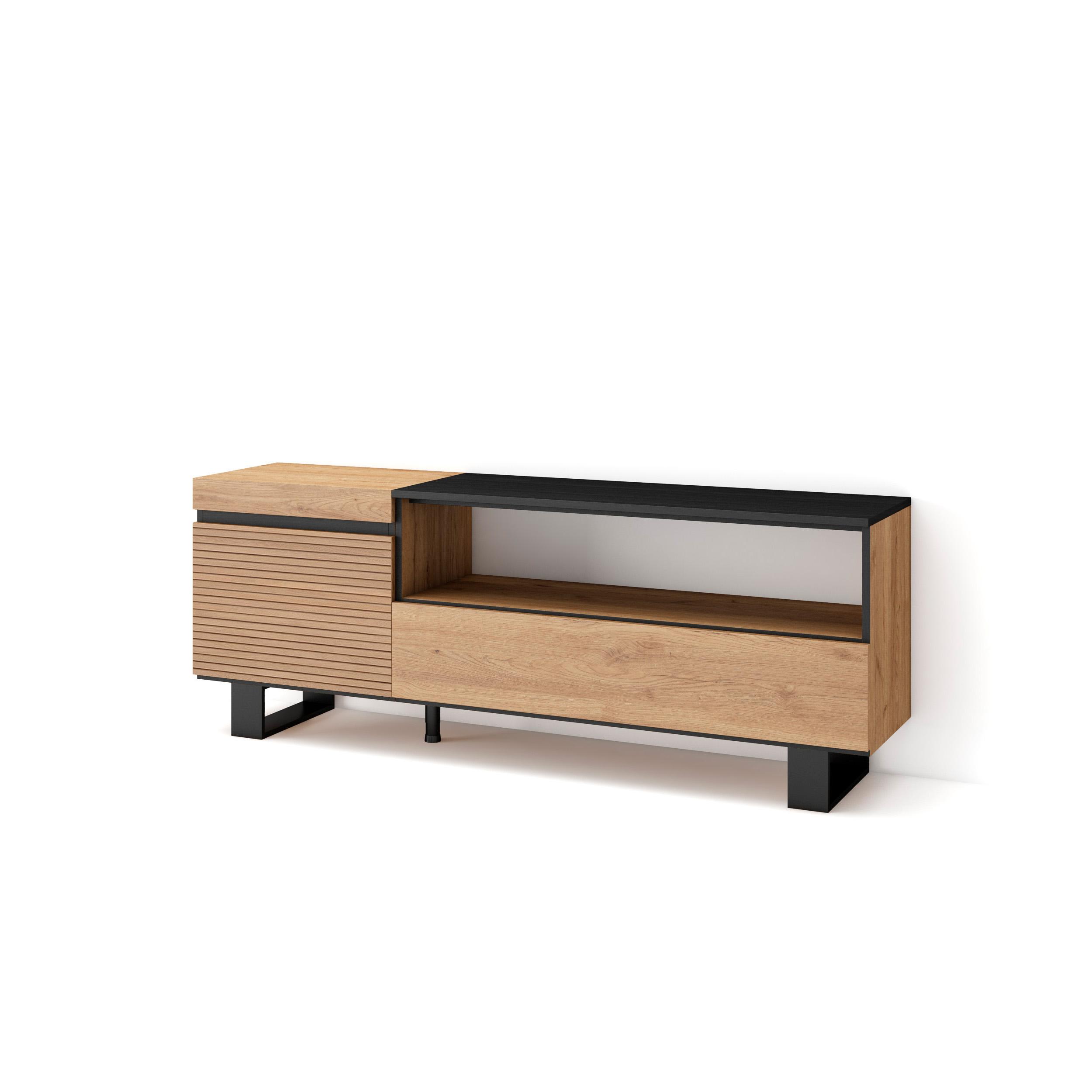 Skraut Home, Mueble TV con dos puertas para almacenaje, 150x35x57cm, color Roble y patas negras
