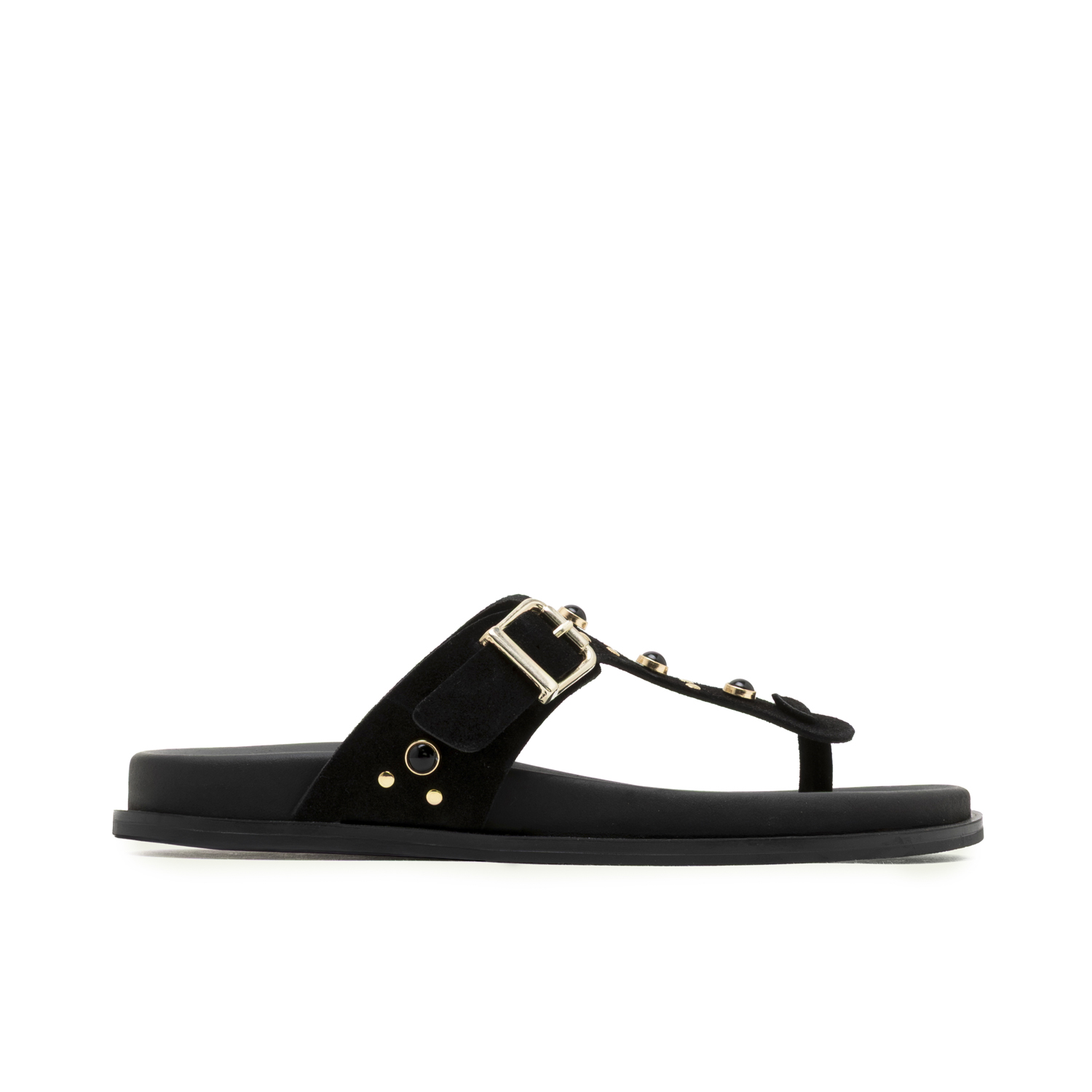 Sandalia plana de piel esclava Harper negra con pedrería multicolor, hebilla ajustable y plantilla ergonómica; máxima comodidad y estilo. Fabricada artesanalmente en España, disponible en tallas 36-41