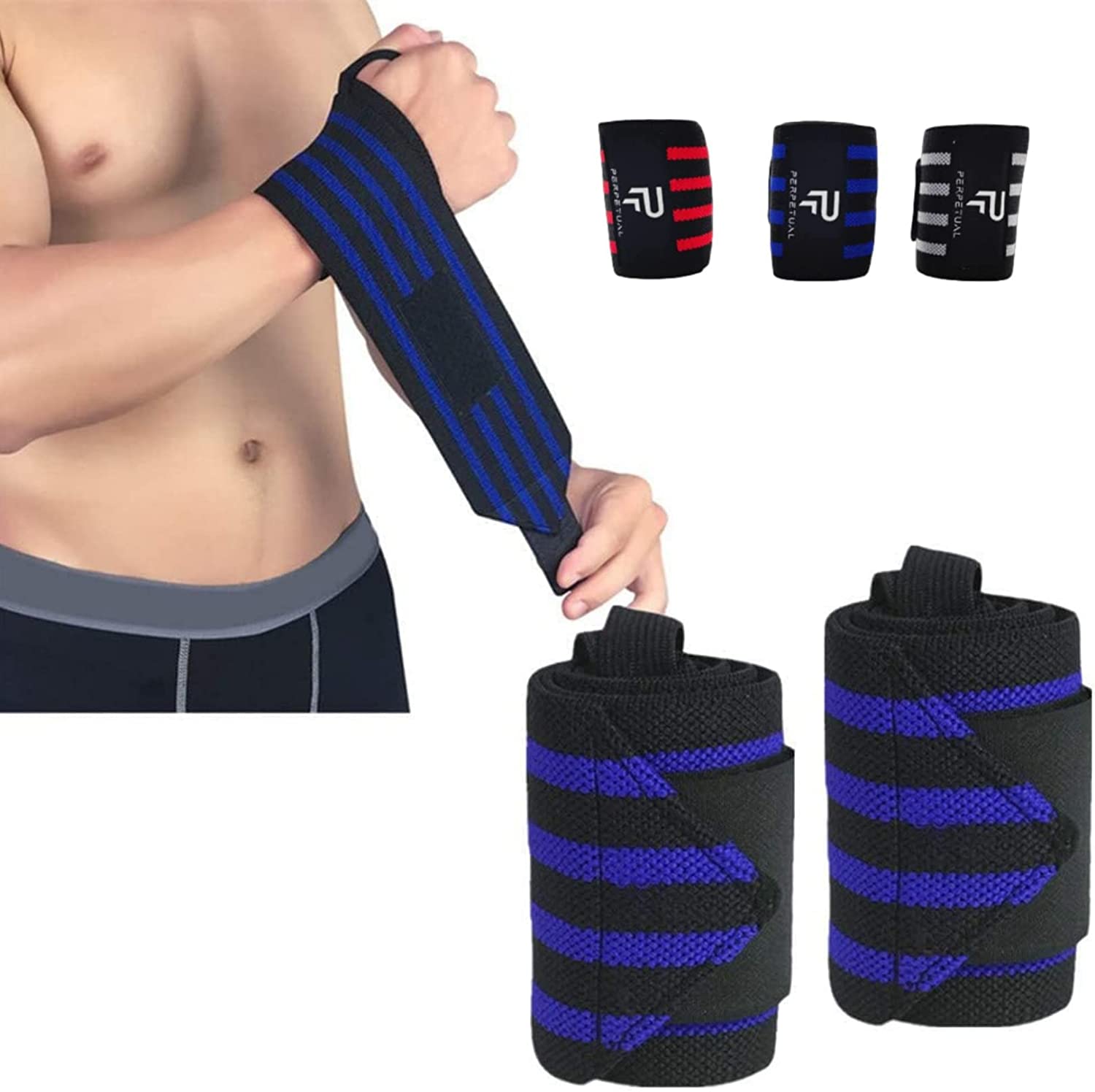 PERPETUAL Muñequeras Deportivas (2 unidades) Ajustables 45cm Protección Profesional Gym Crossfit Calistenia Pesas Resistente Fitness Gimnasio Hombre Mujer Entrenamiento Pulgar Previene Lesiones Tendinitis