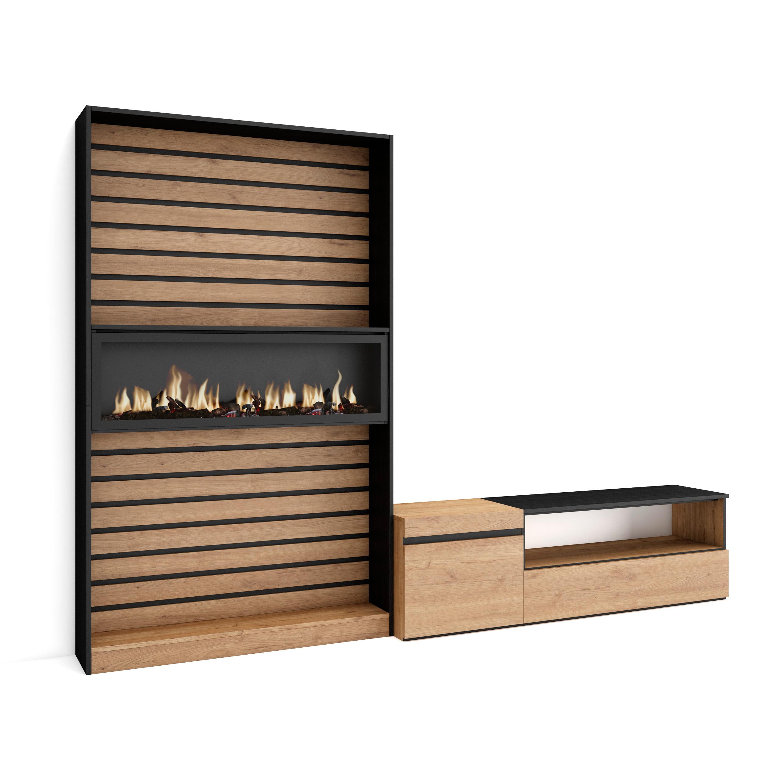 Skraut Home, Conjunto de muebles de Salón, Estantería con Fuego XXL led efecto 3d, Mueble TV con dos puertas, 260x35x186cm