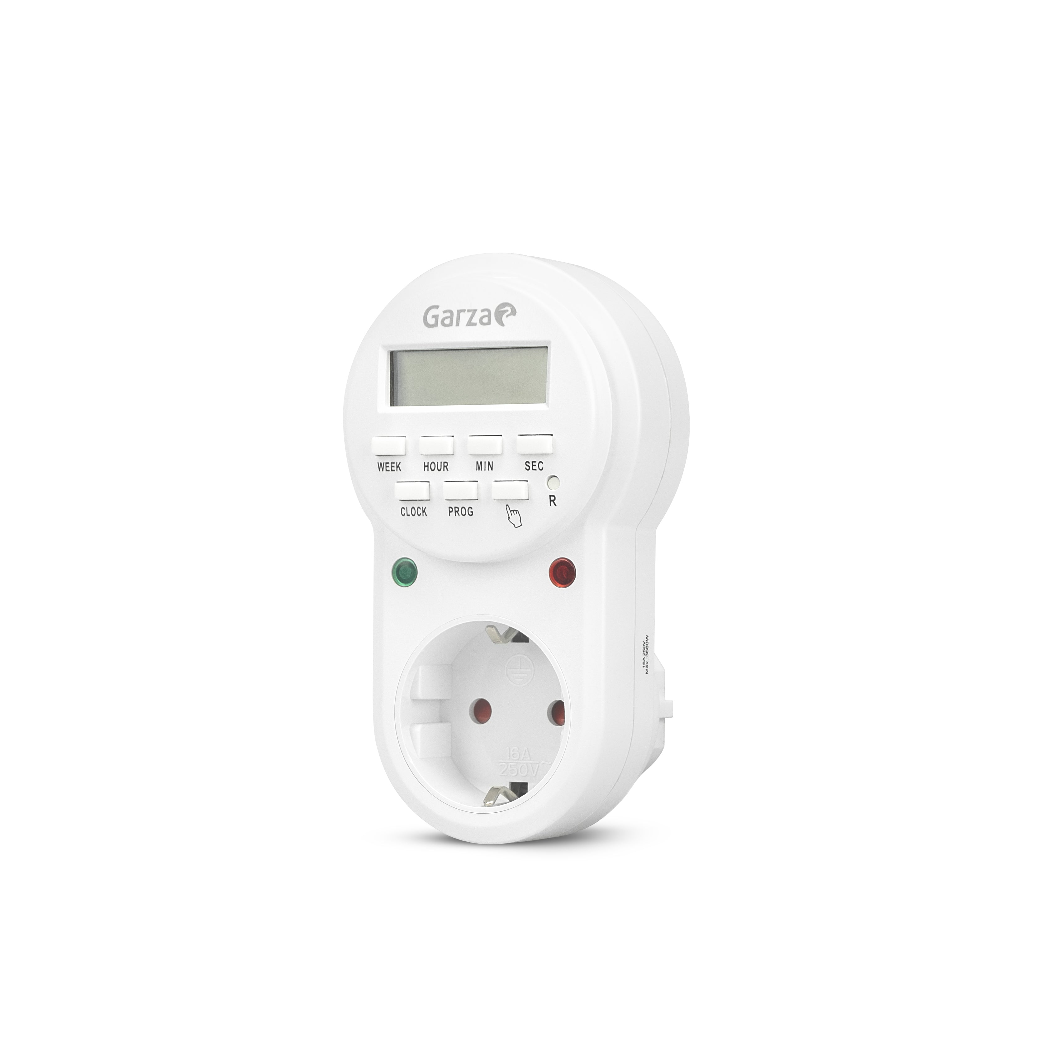 Garza - Enchufe temporizador digital interior, programación semanal 7 días, hasta 8 programas ON OFF diarios, modo aleatorio anti intrusos, pantalla LCD, protección infantil, 3680W 16A
