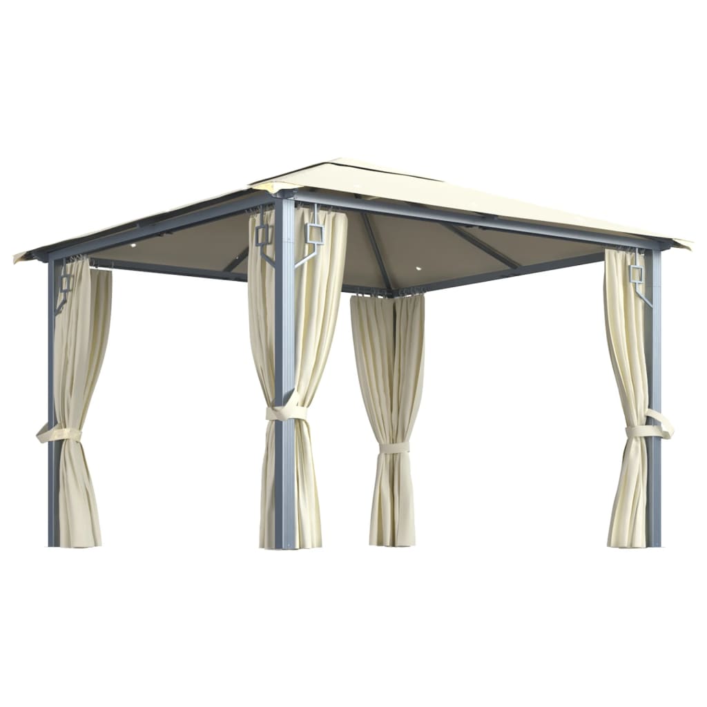 vidaXL Cenador con cortina y tira de luz LED aluminio crema 300x300cm