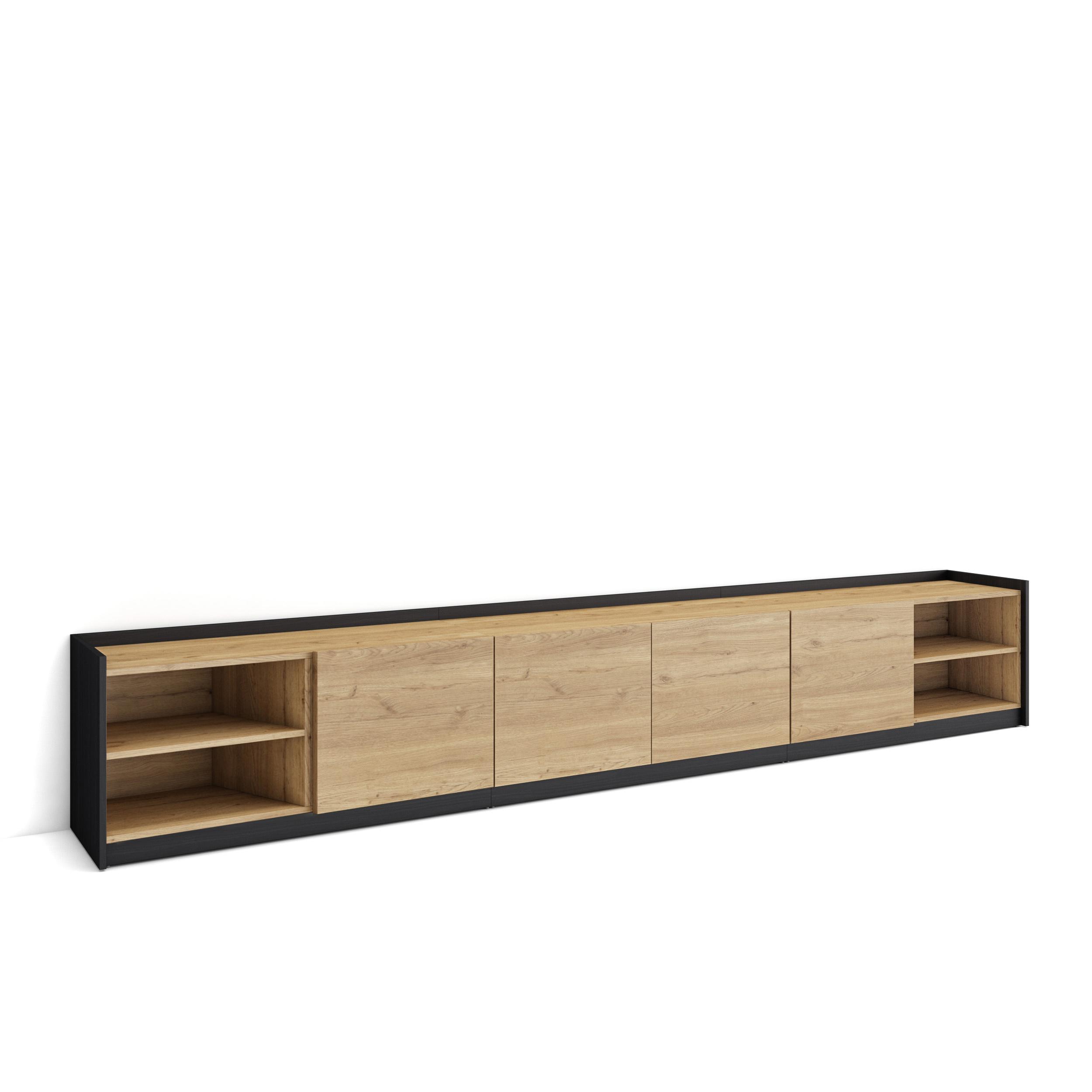 Skraut Home, Mueble TV, Televisión, Muebles de salón, almacenaje, 310x50x37 cm, Para TV hasta 80", Con almacenamiento, Estilo Moderno, Roble y negro