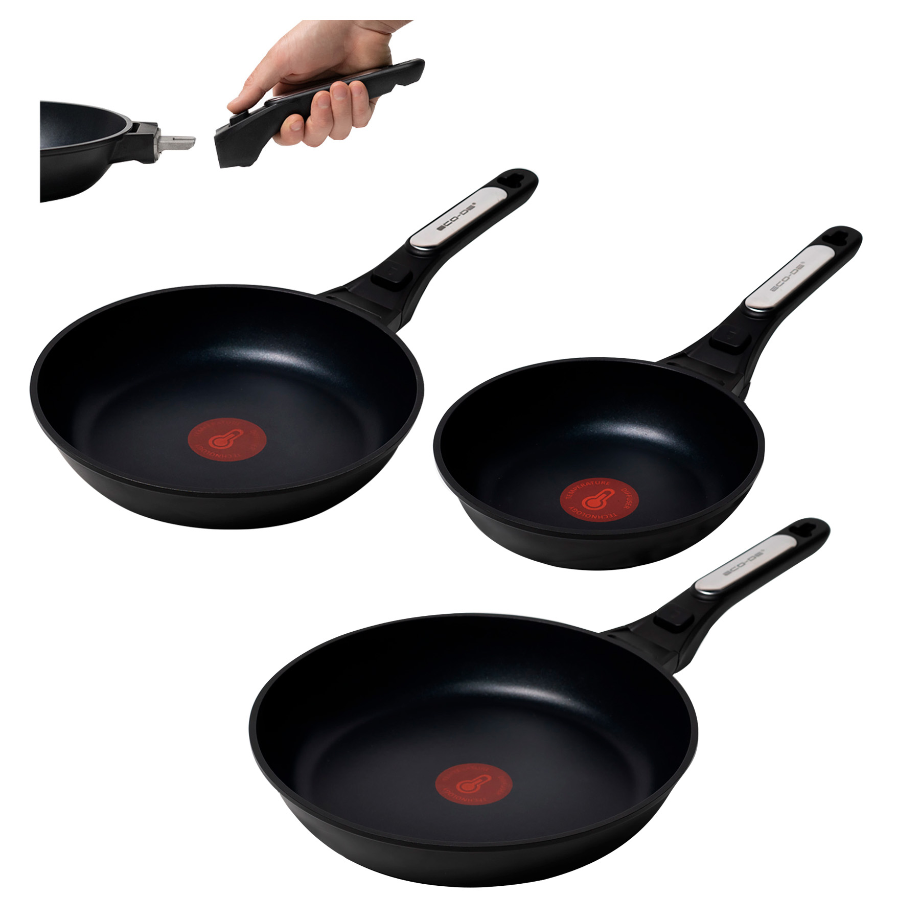 Eco-De Thermo Pan Set de Sartenes 20/24/28 cm con Mango Extraíble - Antiadherentes con Indicador de Temperatura, Aptas para Horno y Lavavajillas, Compatibles con Inducción, Gas y Vitrocerámica - Aluminio Fundido de Alta Durabilidad