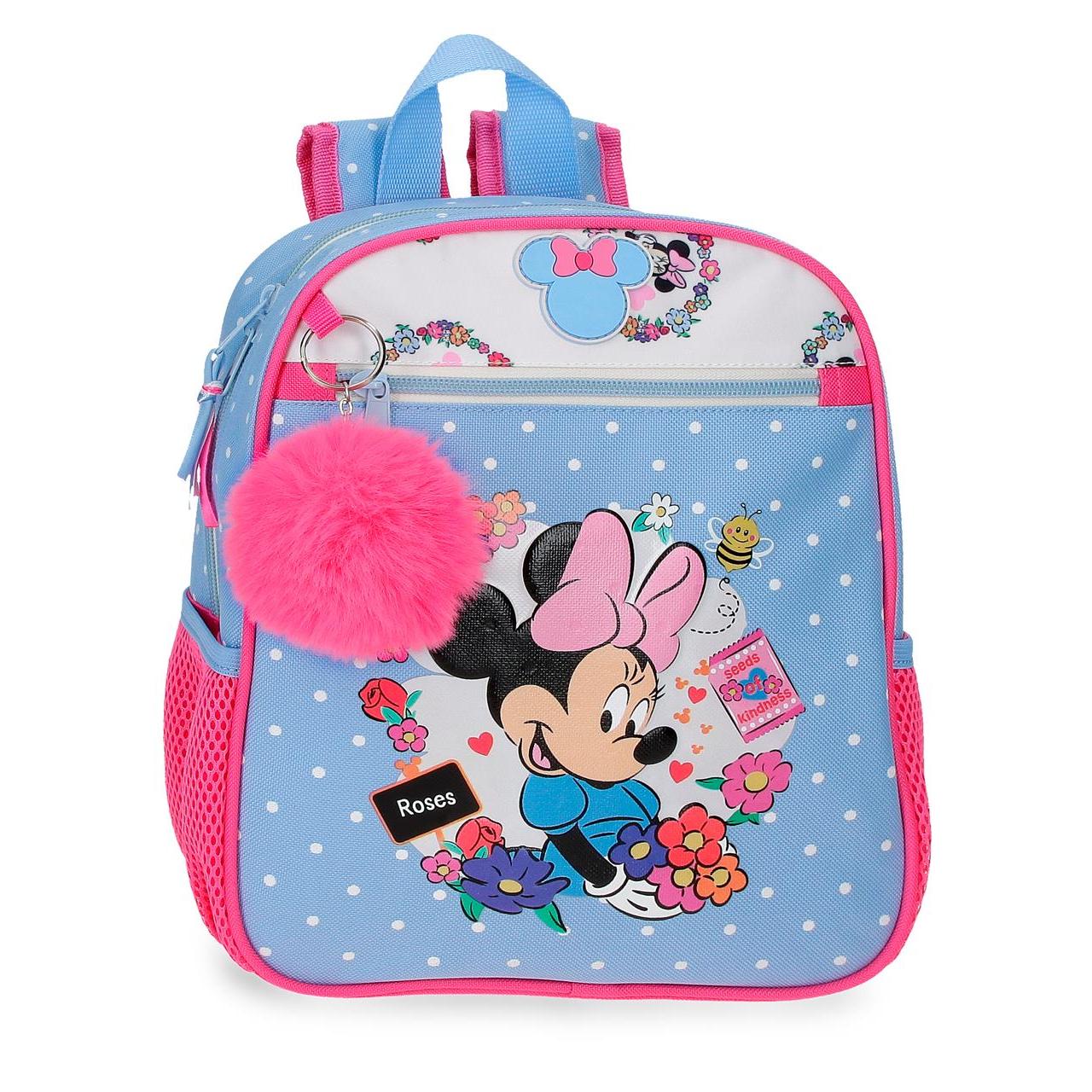Mochila escolar adaptable a carro Minnie Flowers 23x28x10cm Azul Claro