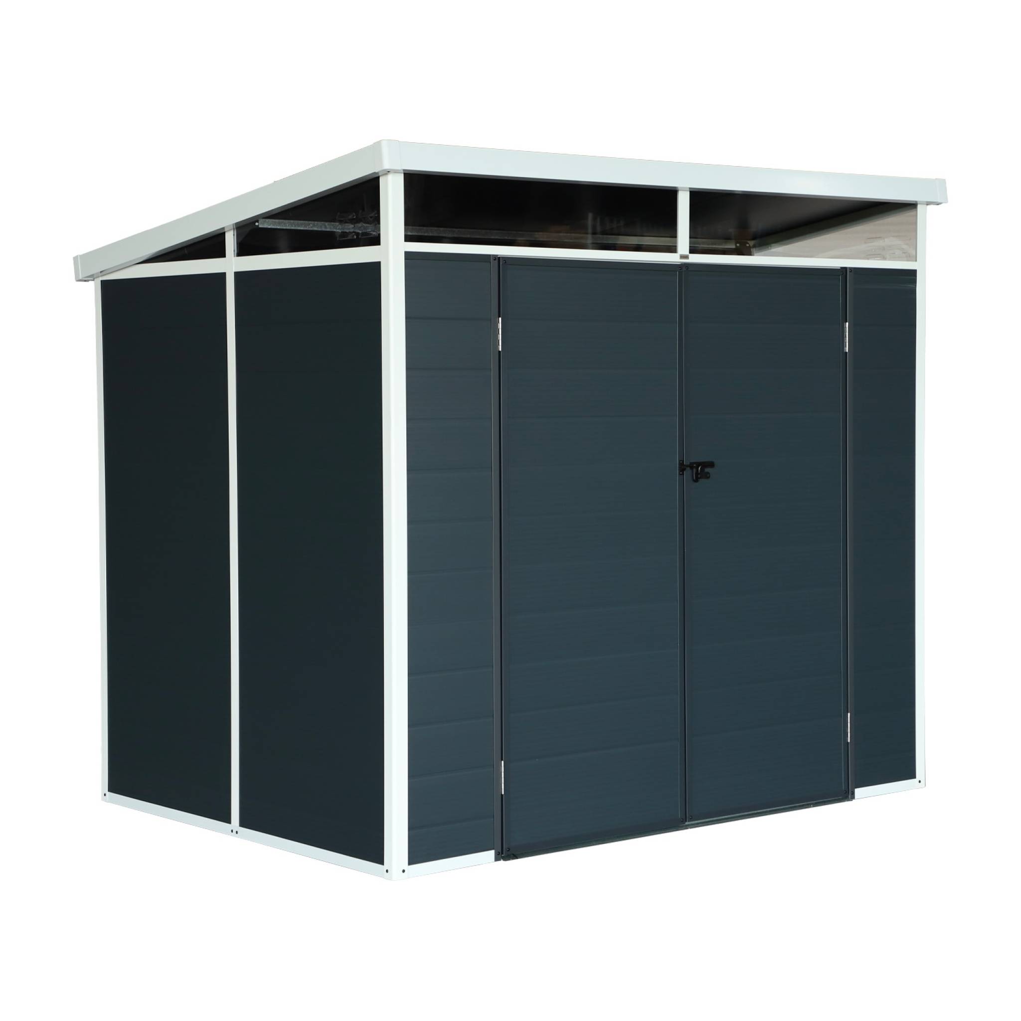 sweeek - Caseta de jardín de plástico, estructura de aluminio, 4.55m², Artois, Antracita, 238x190x215 cm