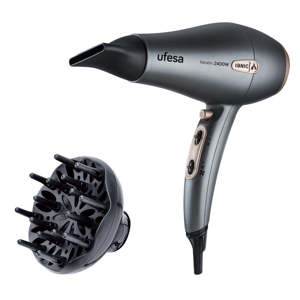 Ufesa - Secador de pelo profesional SC8470 Keratin con tecnología iónica, motor AC de 2400 W y rejilla cerámica con queratina para suavidad, brillo y reducción del encrespamiento