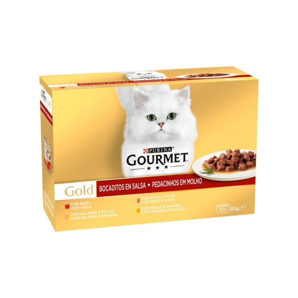 GOURMET Gold Bocaditos en Salsa (12x85 gr) - Alimento Húmedo Completo para Gatos Adultos (Buey_ Pavo y Pato_ Salmón y Pollo_ Pollo e Hígado)