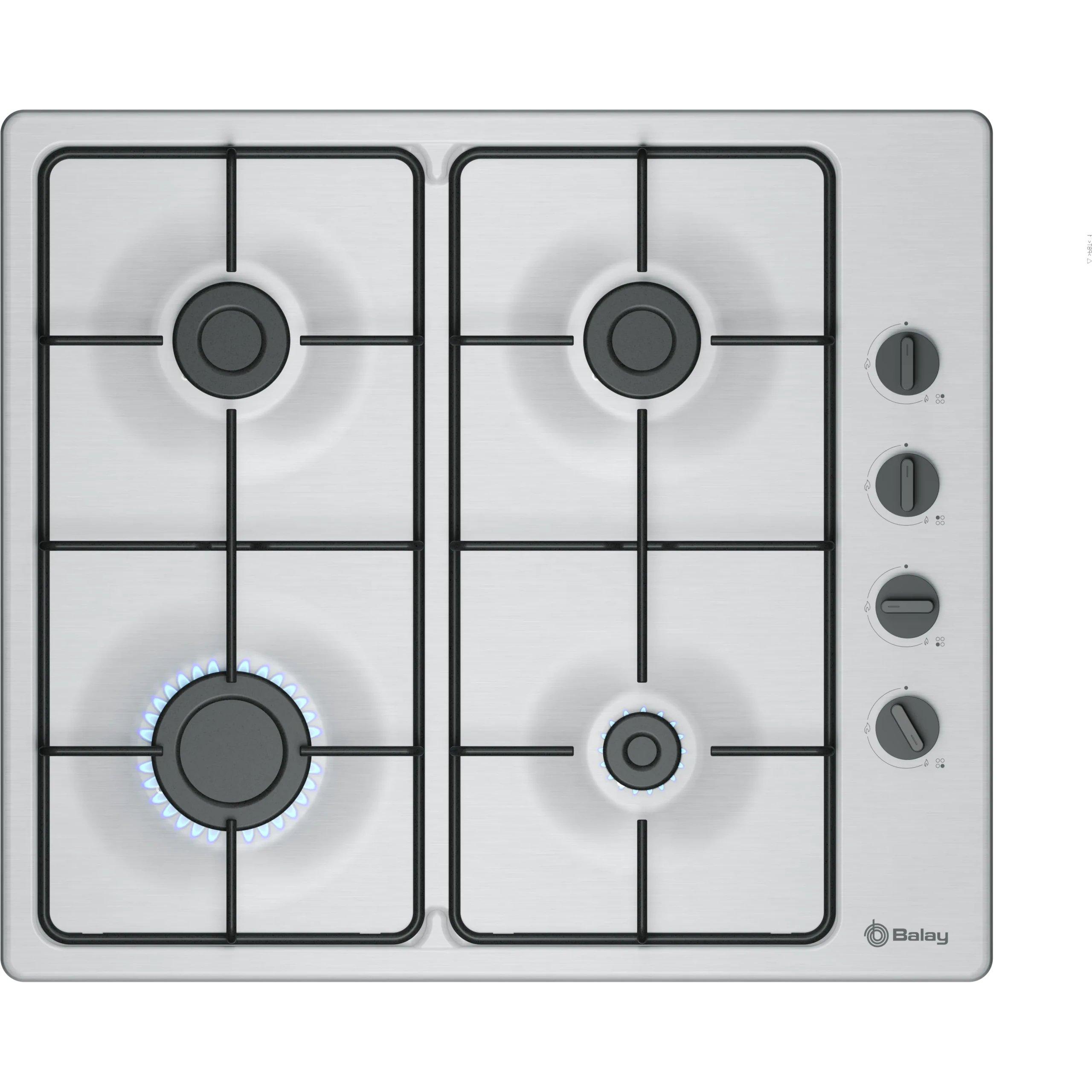 Placa a Gas 58cm BALAY 3ETX464BB  | 4 Zonas, 30 Gas licuado G/G31, Inox, Superficie Acero inoxidable, Parrillas esmaltadas, Autoencendido, 7,4W