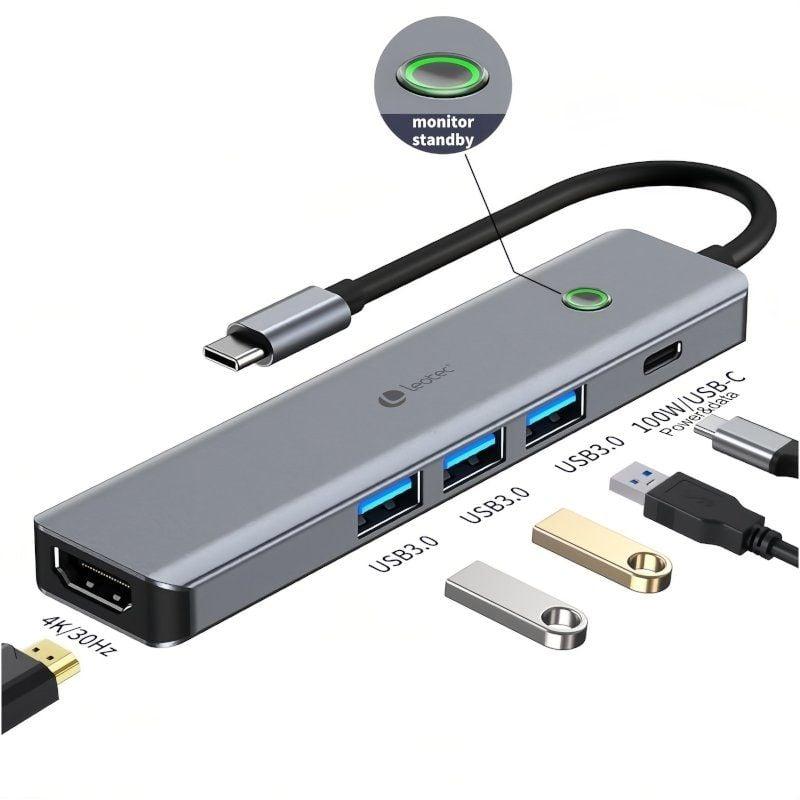 Leotec LEDS05 Estación de acoplamiento 5 en1 USB-C PD 100W / USB 3.0 / HDMI 4K