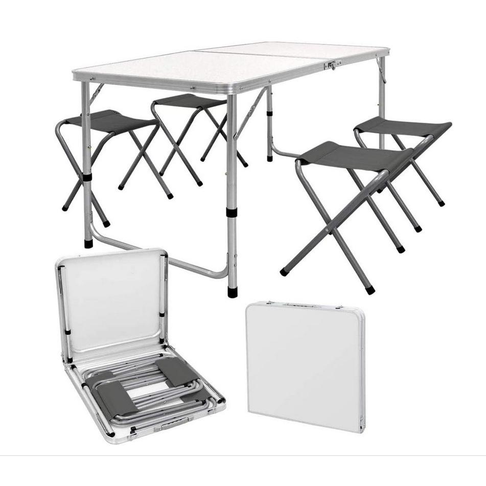 Mesa plegable de camping con 4 taburetes de aluminio y loneta gris, mesa plegable picnic con sillas  con estuche