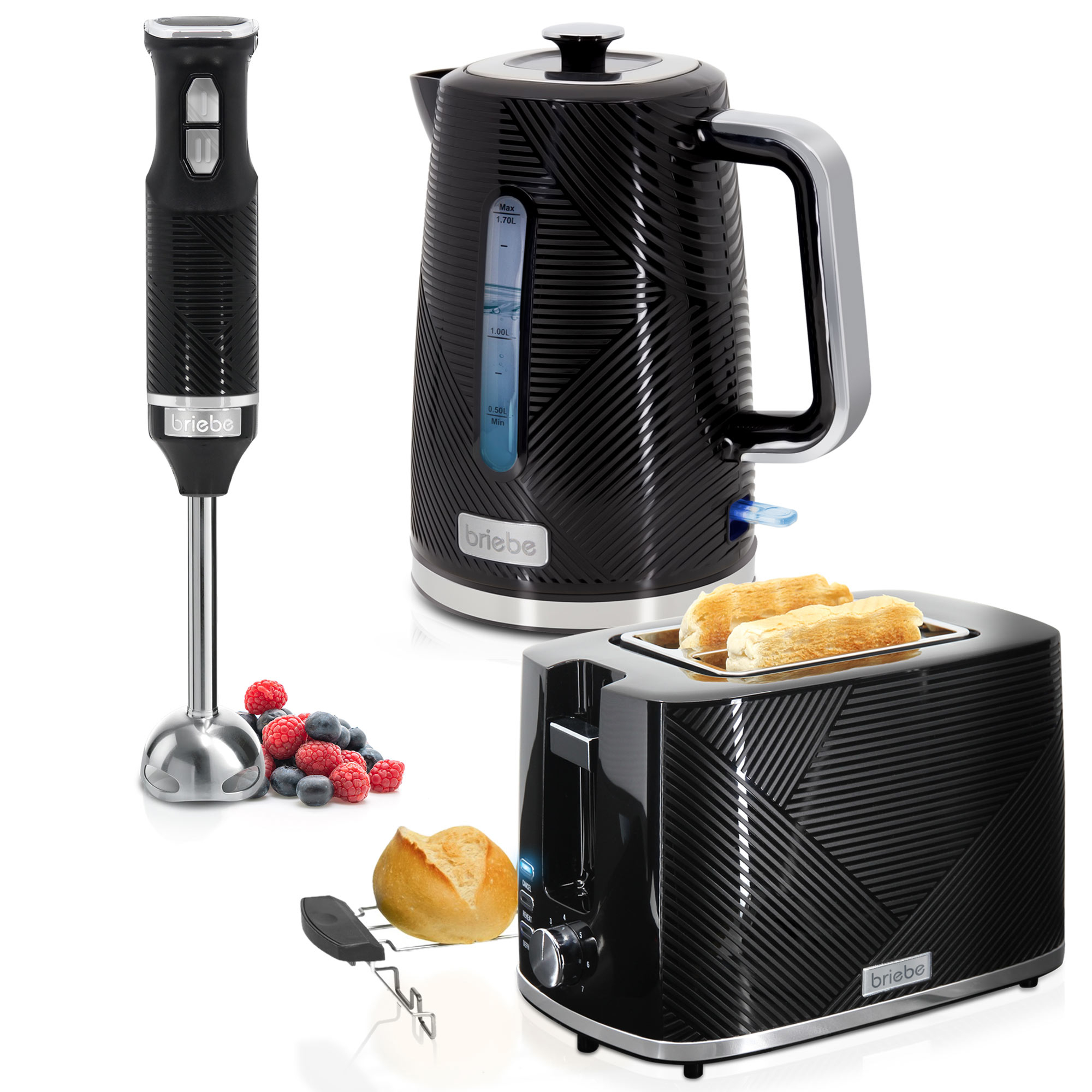 Briebe SKT1186BLK Elegance Set Tostadora Pan 2 Rebanadas Anchas + Hervidor Agua 1,7L Inalámbrico + Batidora Mano, 2200W, Negro