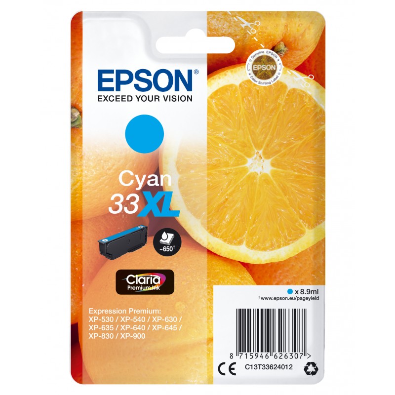 Epson - Oranges Singlepack Cyan 33XL Claria Premium Ink C13T33624012
