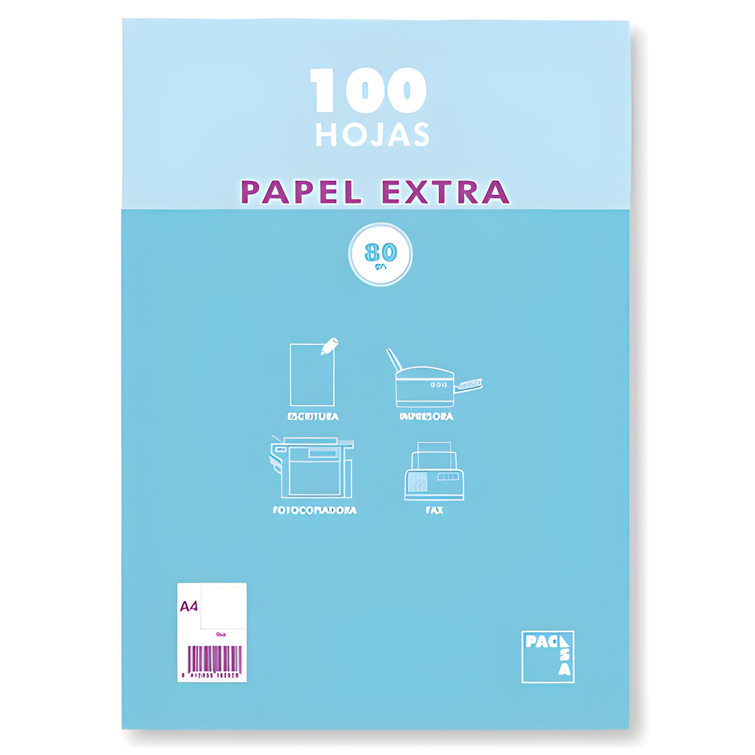Paquete papel extra blanco satinado 100 hojas 80 grs. a-5 liso pacsa