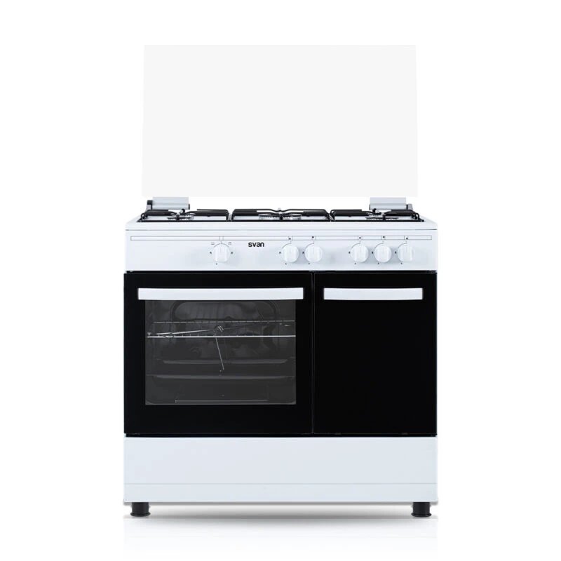 Svan - Cocina de gas libre instalación SKGW5901PB de 89 cm con 5 quemadores convencionales (incl. wok), horno a gas de 55 L, doble cristal y sistema Safe Shut, color blanco, para cocina doméstica o profesional
