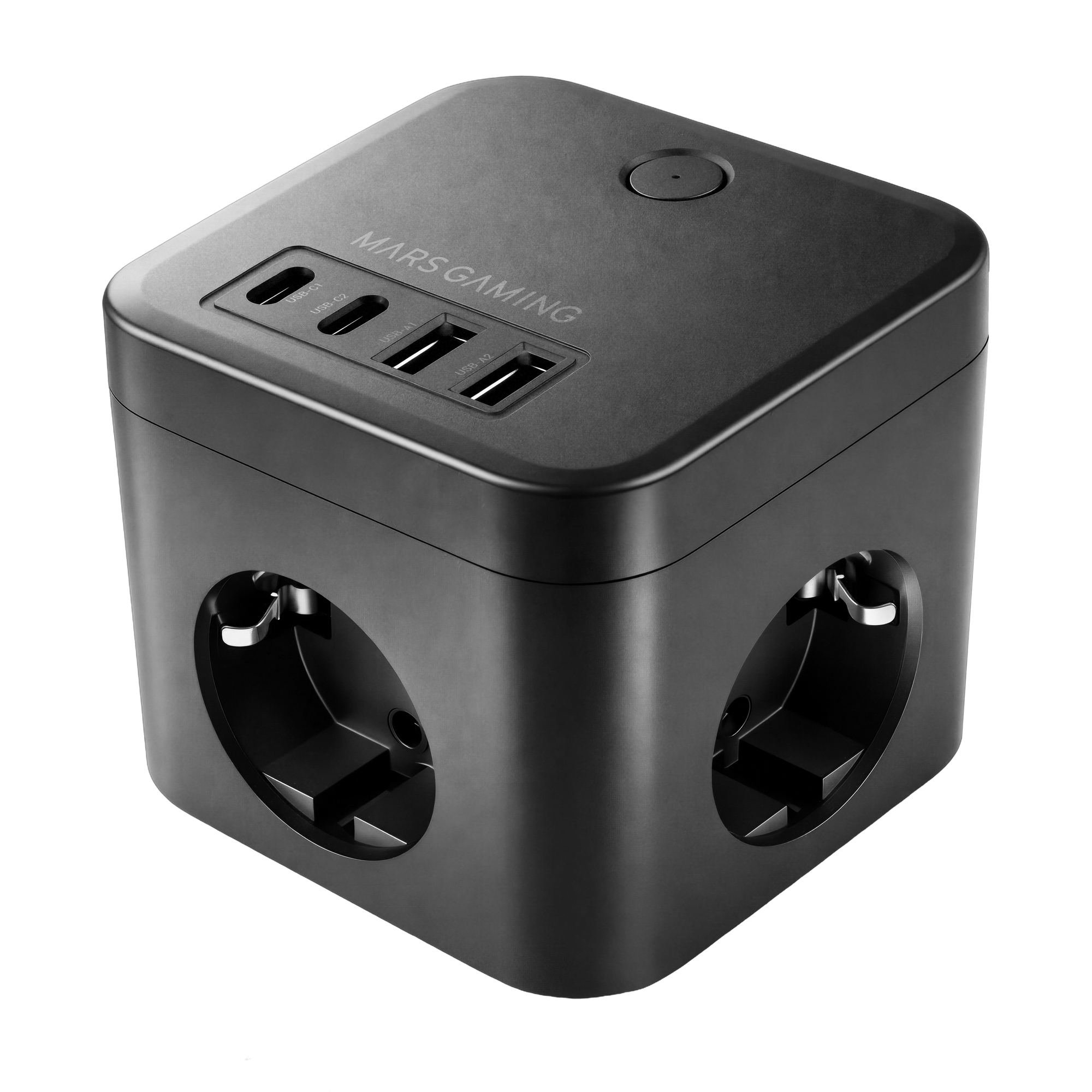 Mars Gaming MD-CUBE35, PowerCube Multifunción Compacto con Cable 1.8m, 3 Enchufes SCHUKO + 2 USB-C + 2 USB-A, Carga Rápida PD 35W, Tecnología GaN, Botón ON/OFF con LED, Enchufe Europeo Tipo F, Negro o Blanco