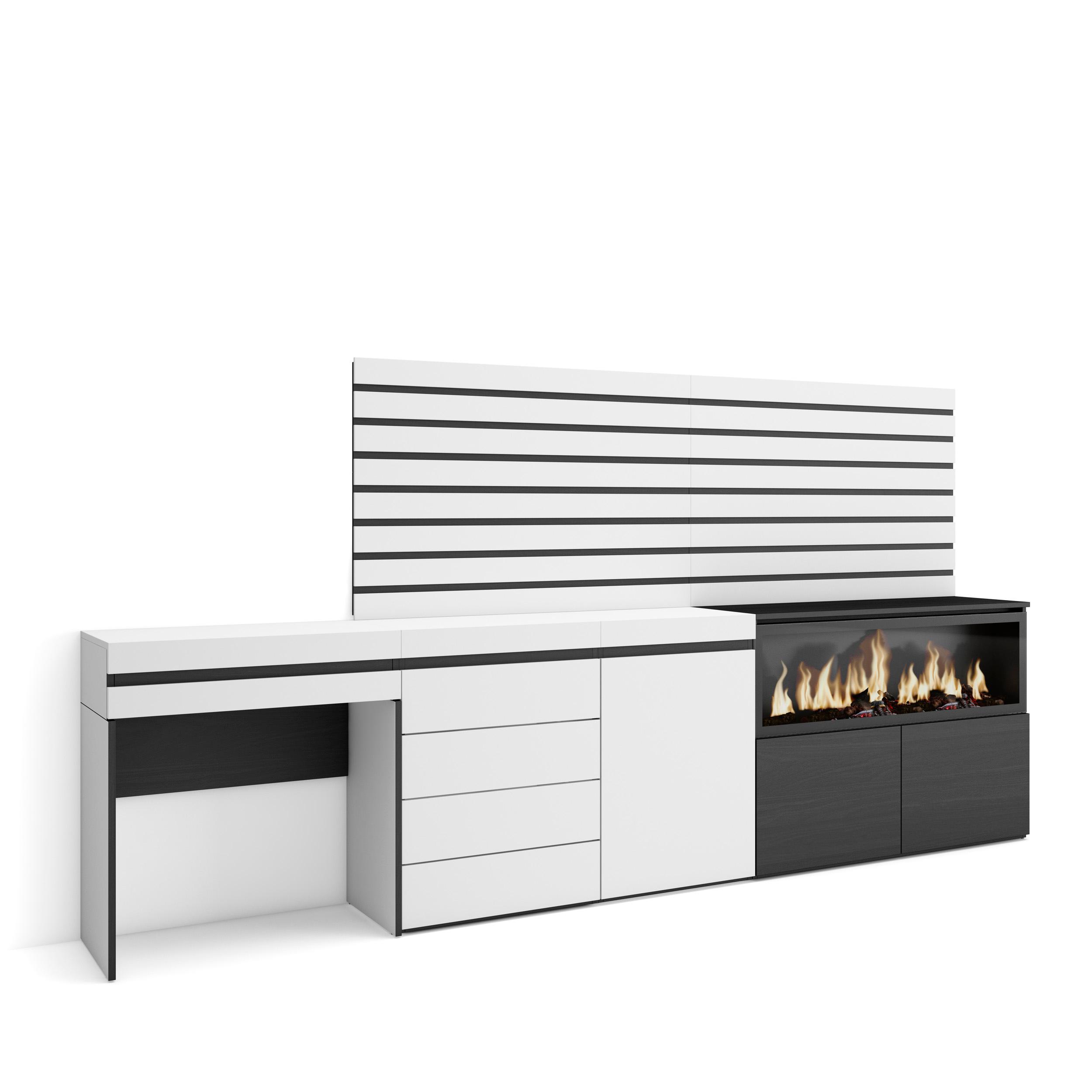 Skraut Home, Tocador, Cajonera, Módulo dos y una puertas, Chimenea eléctrica XXL led, Listones, 284x35x145cm
