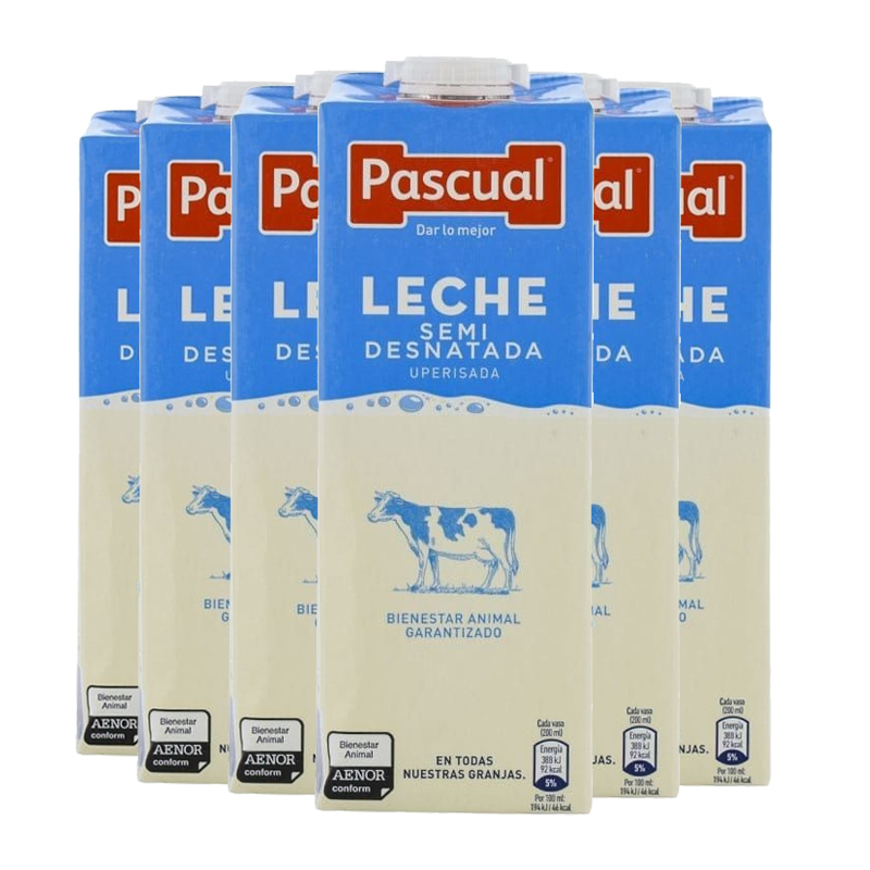 Pascual - Leche semidesnatada Pascual 1 litro pack de 6 bricks, Total 6 litros