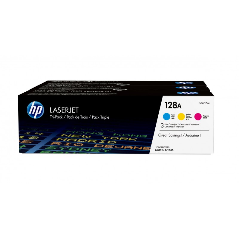 HP - Pack de ahorro de 3 cartuchos de tóner original LaserJet 128A cian/magenta/amarillo CF371AM