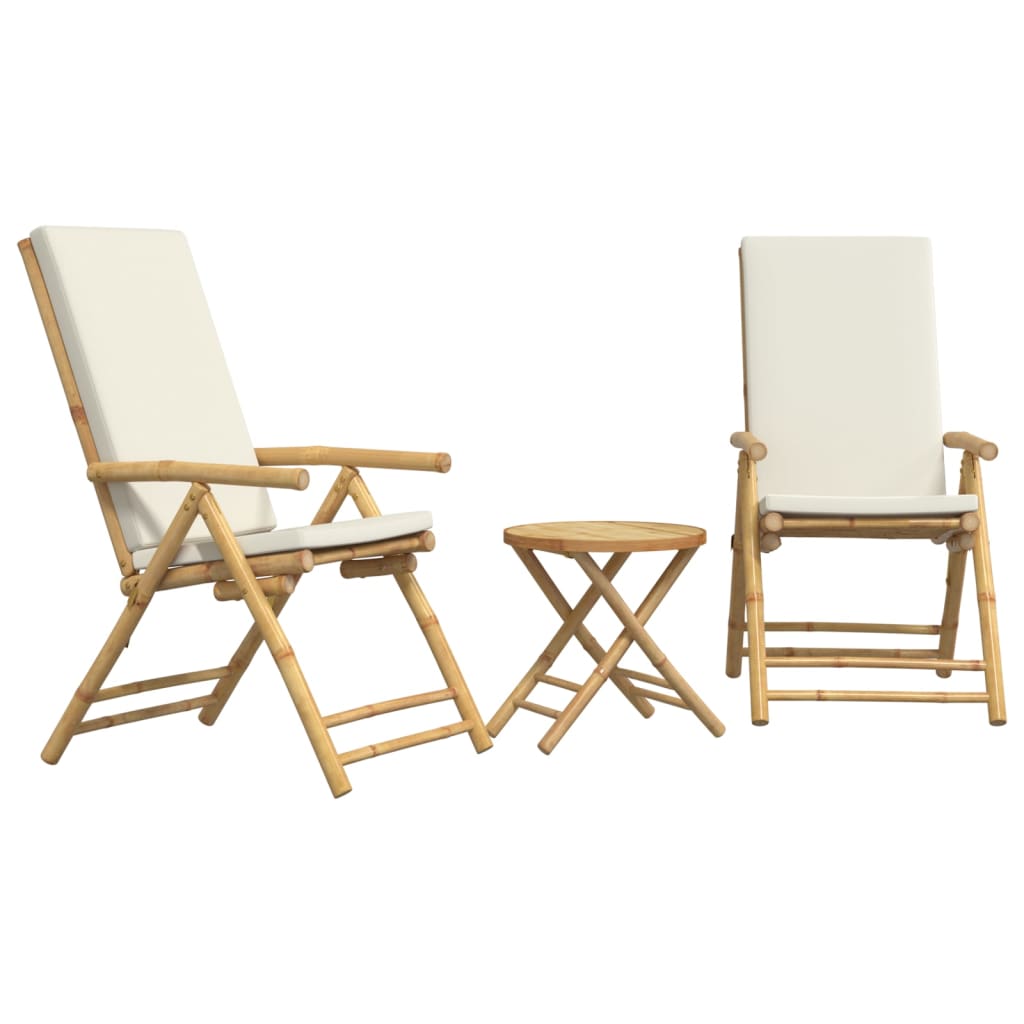 vidaXL Juego bistró plegable con cojines 3 pzas bambú blanco crema