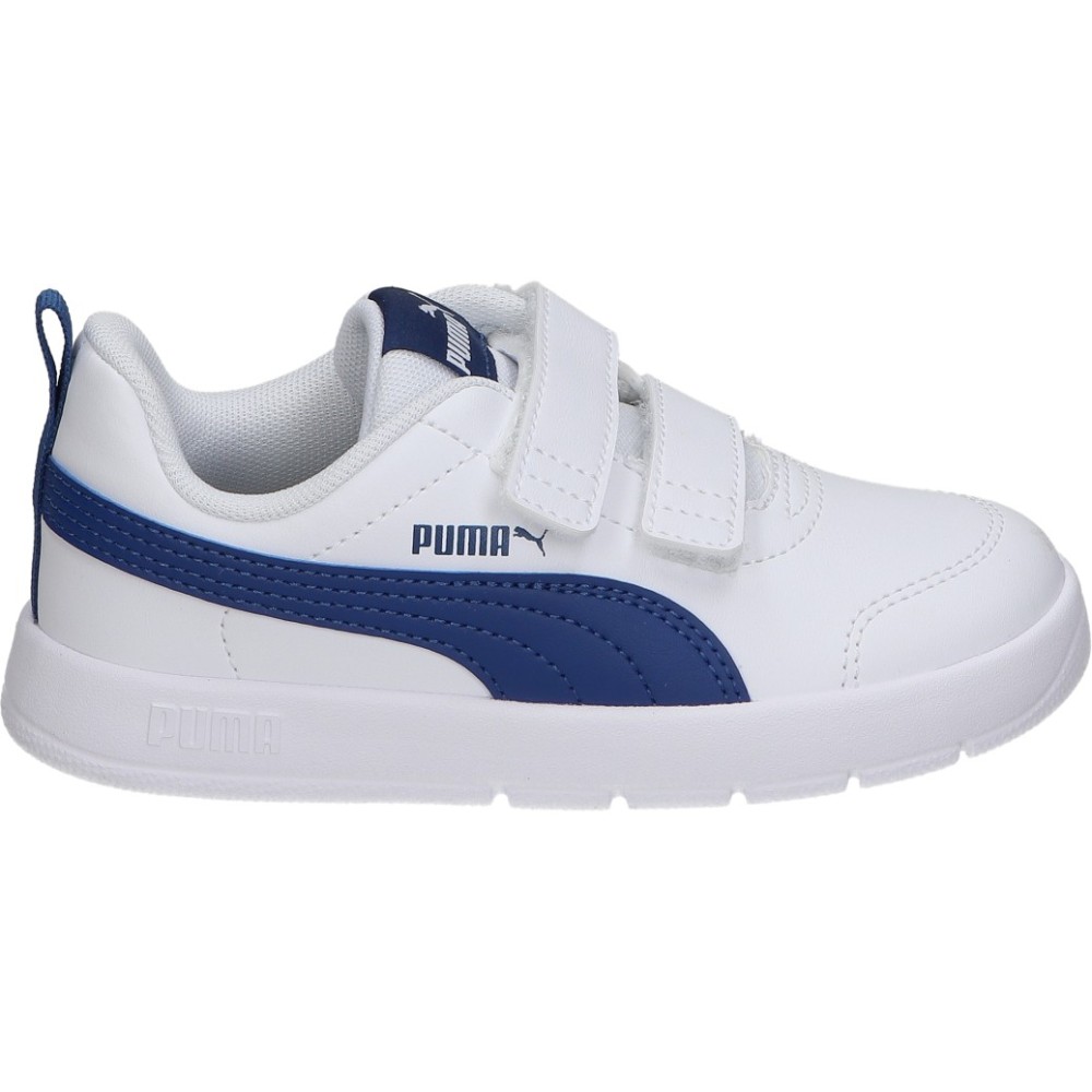 PUMA | Zapatillas Puma Courtflex V3 Infantiles – Deportiva Blanca con Detalles en Azul Marino – Sneakers con Cierre de Doble Velcro – Cómodas y Ligeras – Versátiles – Modelo 310252-08