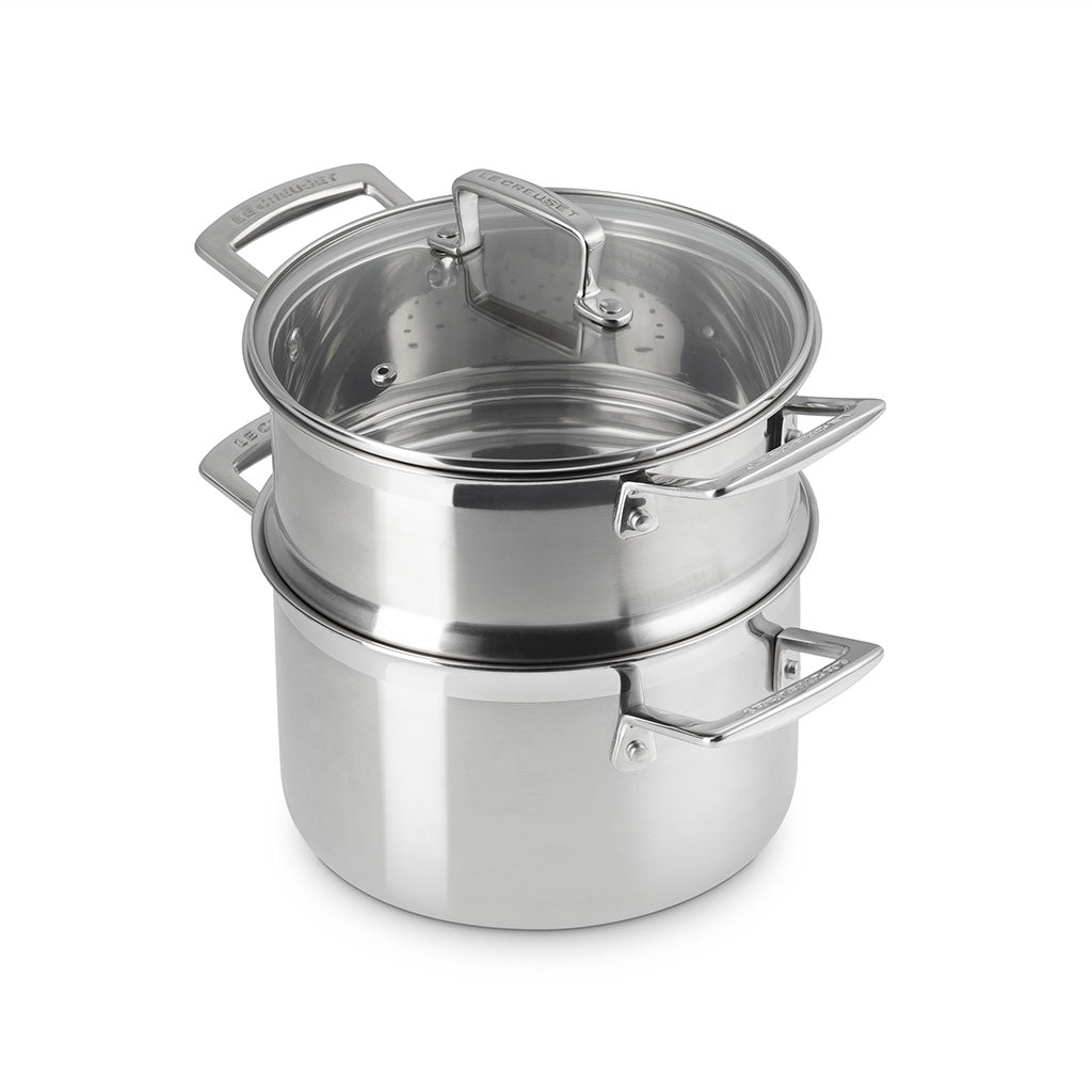 Set de Olla, Vaporera y Tapa de Cristal Le Creuset 20 cm Acero Inoxidable 3 Capas Distribución Uniforme del Calor Fácil Limpieza