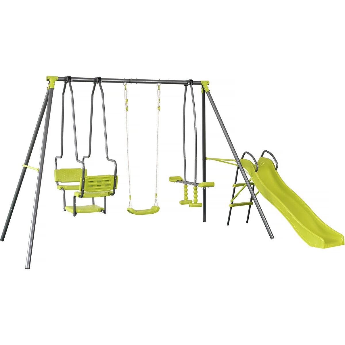Habitat y Jardin - Columpio metálico "Ludo II" con tobogán y 4 aparatos - Verde