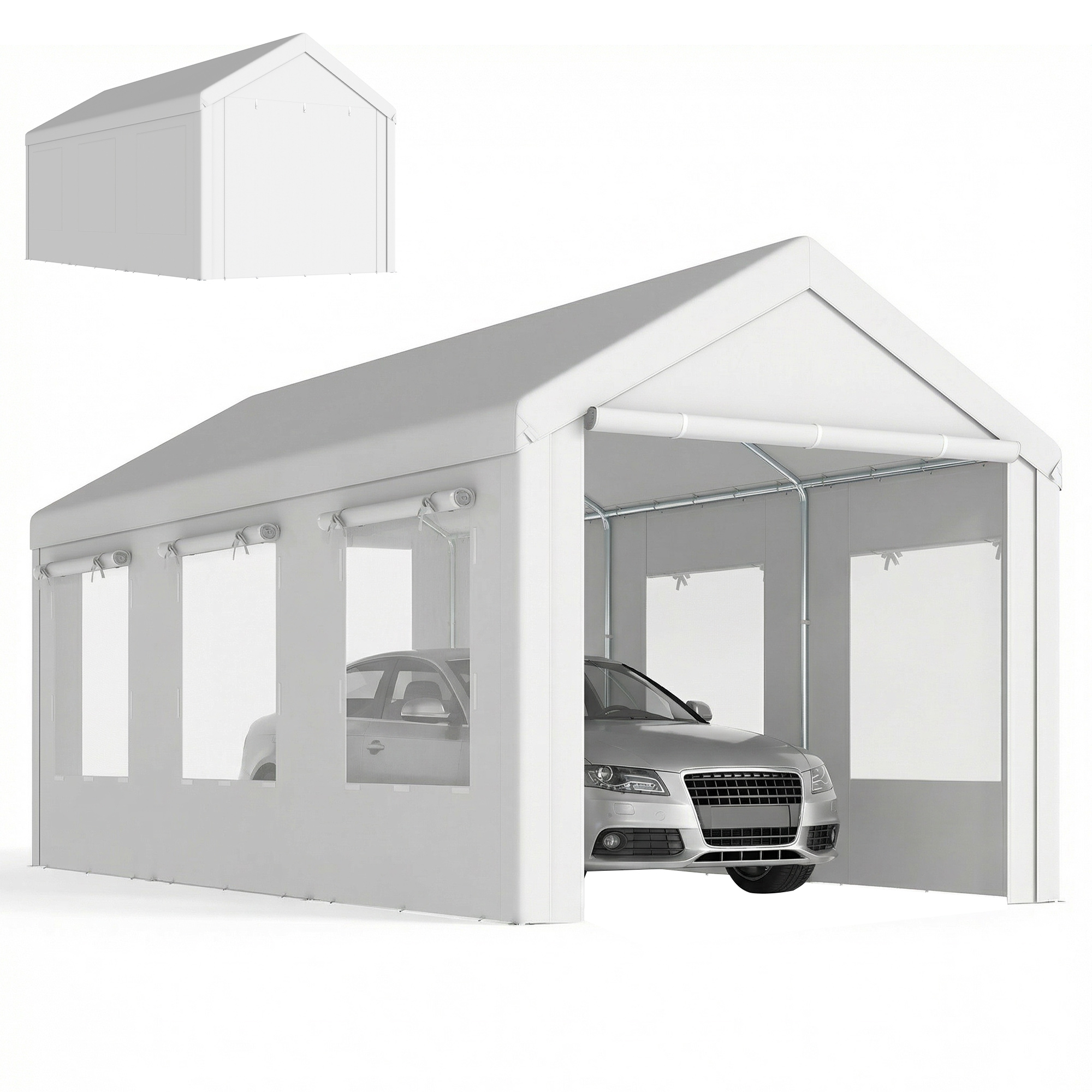 Outsunny Carpa Garaje Portátil 3x6 m, Garaje Exterior para Coche Impermeable con 2 Puertas Enrollables y 6 Ventanas, Altura Ajustable, Marco Acero Galvanizado, UPF30+, Cobertizo de Almacenaje, Blanco