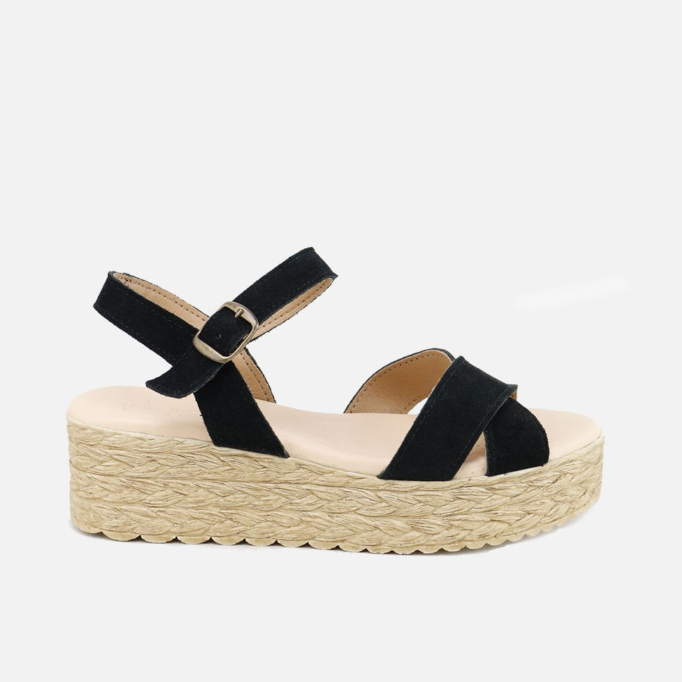 Sandalias Plataforma Yute Serraje Negro Papanatas | Eli 1957