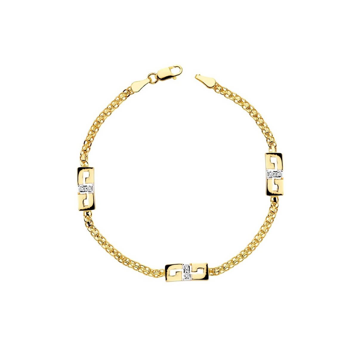 Pulsera oro 18k bicolor 17cm. circonitas detalles calados cierre mosquetón niña doble cadena forzada