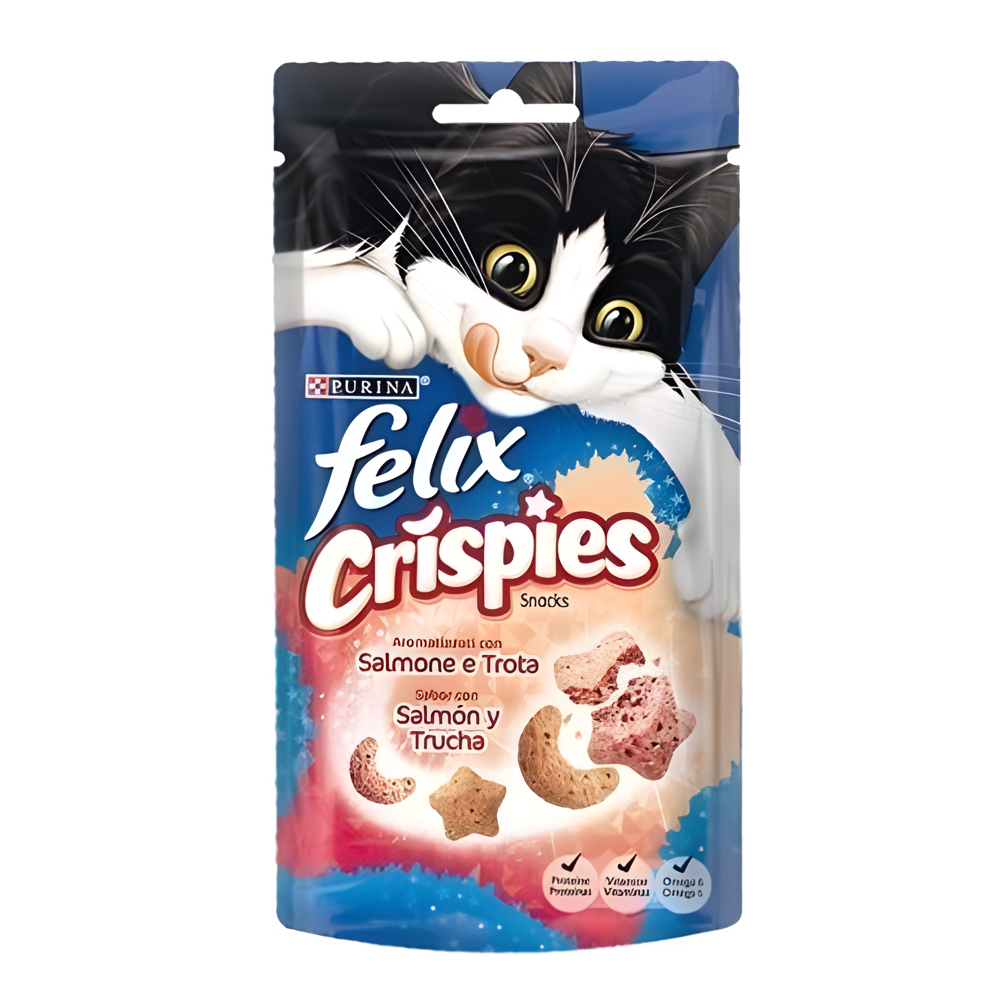 Felix Crispies Salmón y Trucha. Pack de 8 sobres - Snacks para gatos sabor salmón y trucha