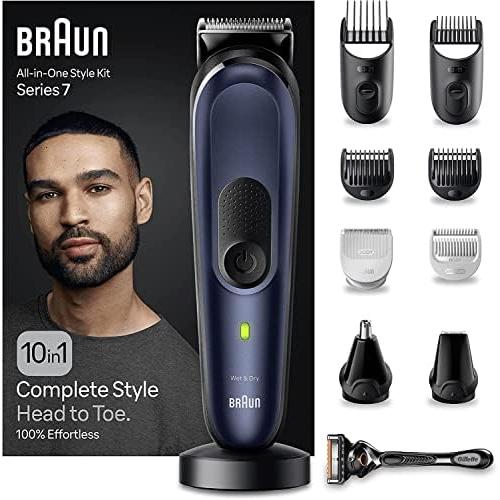 Braun All-in-One Trimmer MGK7410, a cordless 10-in-1 grooming kit with beard, hair, and body trimmer, features a 1200 mAh rechargeable battery and includes a shaver and nose hair trimmer for professional men's grooming.