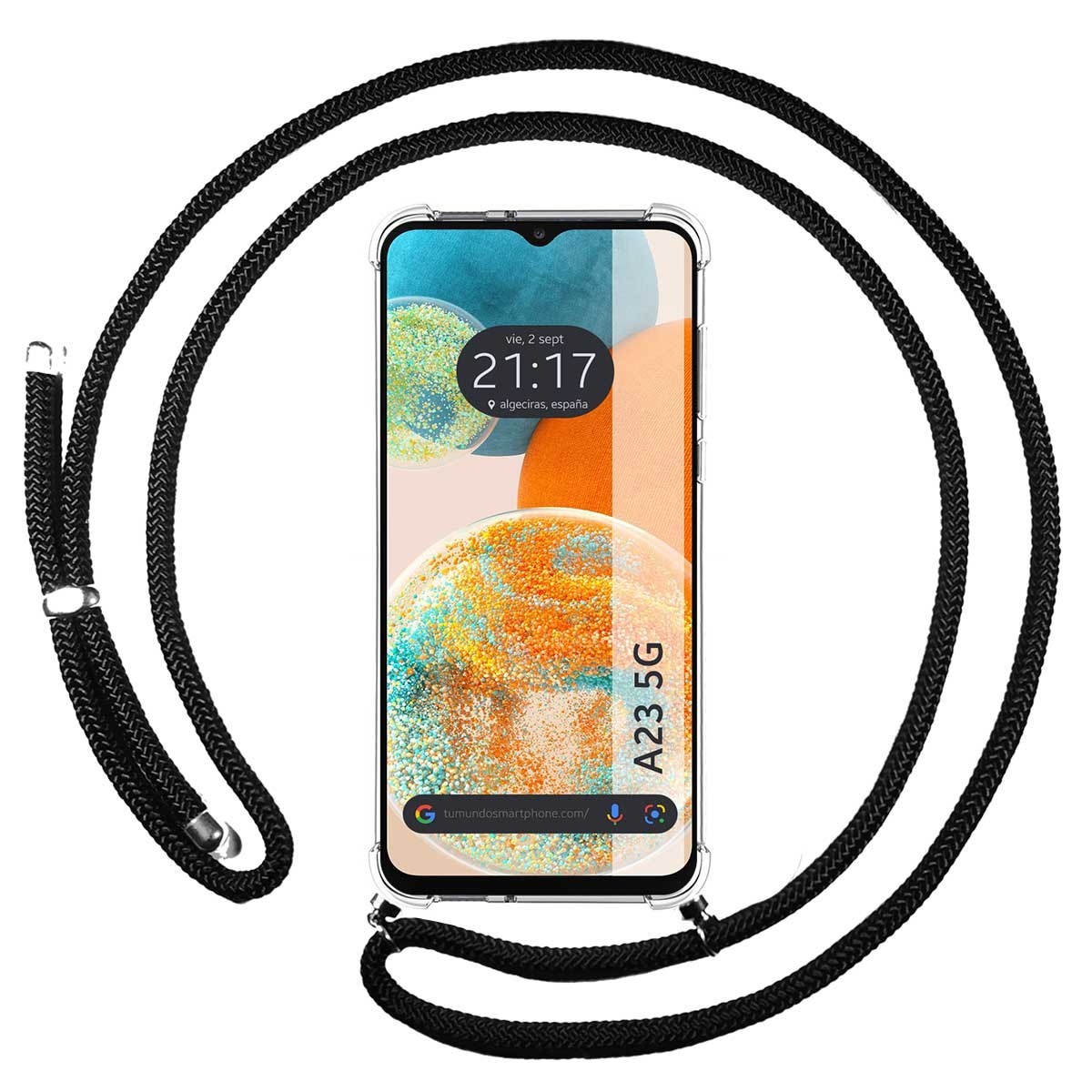 Tumundosmartphone Funda Colgante Transparente para Samsung Galaxy A23 5G con Cordon Negro - Protección Duradera