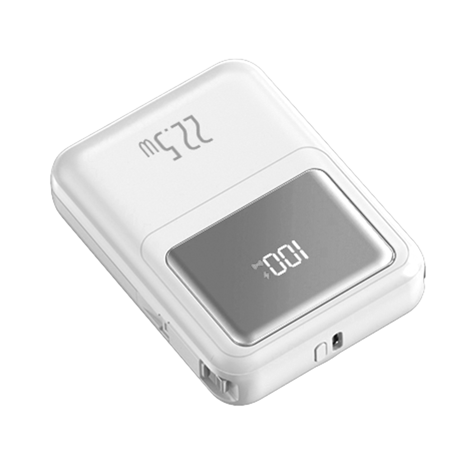 DAM. Powerbank 10.000mAh con carga rápida PD22,5W y carga inalámbrica de 15W. Cables USB-C y Lightning integrados. Pantalla led de carga. 7x3x9cm