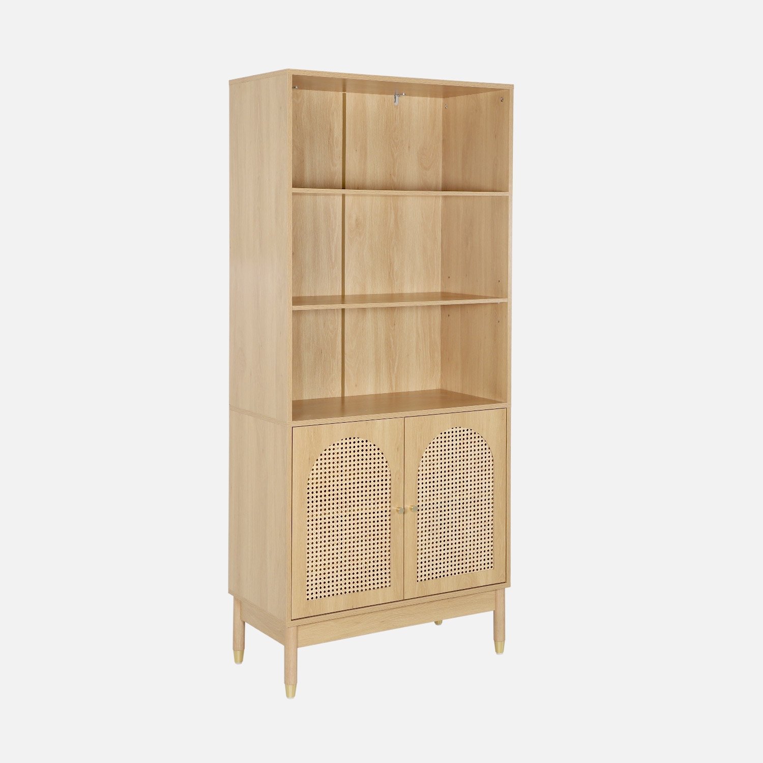 sweeek - Estantería biblioteca decorativa de madera y mimbre 4 niveles, 2 puertas , Judith , 80x40x178