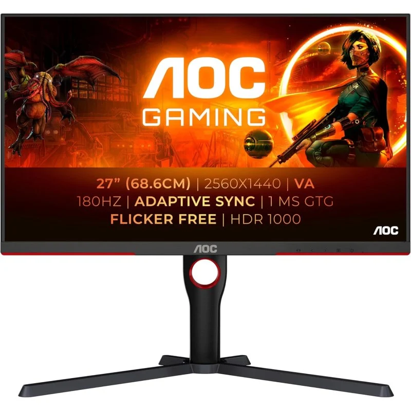 Aoc g3 monitor 27” mini led va qhd hdr1000 180hz - respuesta 1ms - ajustable en altura, giratorio e inclinable - angulo de vision 178° - hdmi, displayport, audio - montaje vesa 100x100